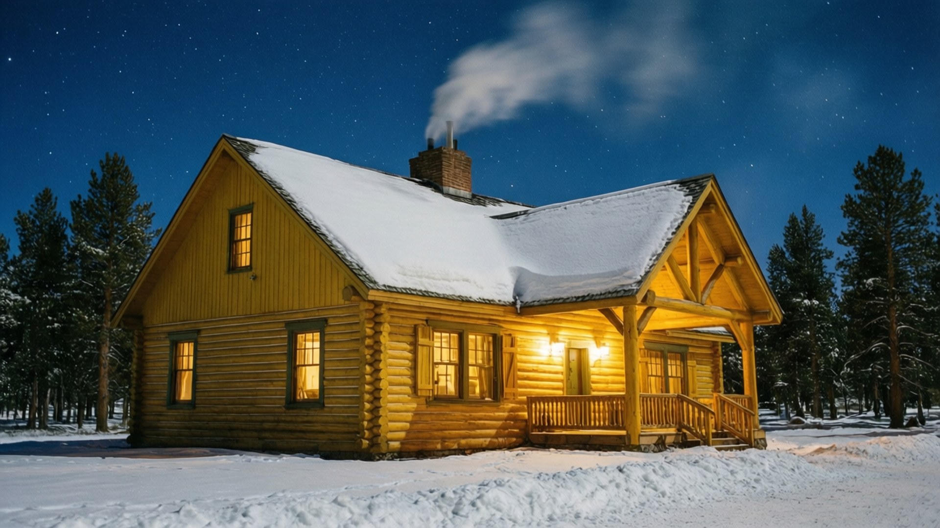 Lodge Winter Night 壁紙 — 一間舒適的黃色木屋，屋頂和門廊積雪，在繁星點點的冬夜下溫暖地發光。