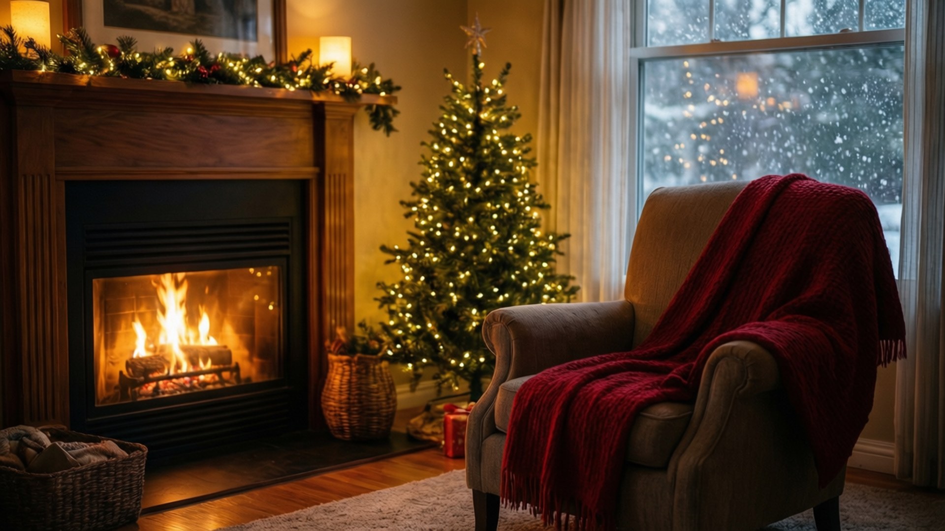 Fireplace Glow 壁紙 — 舒適的客廳，壁爐溫暖地噼啪作響，旁邊是裝飾好的聖誕樹和鋪著紅色毯子的扶手椅。