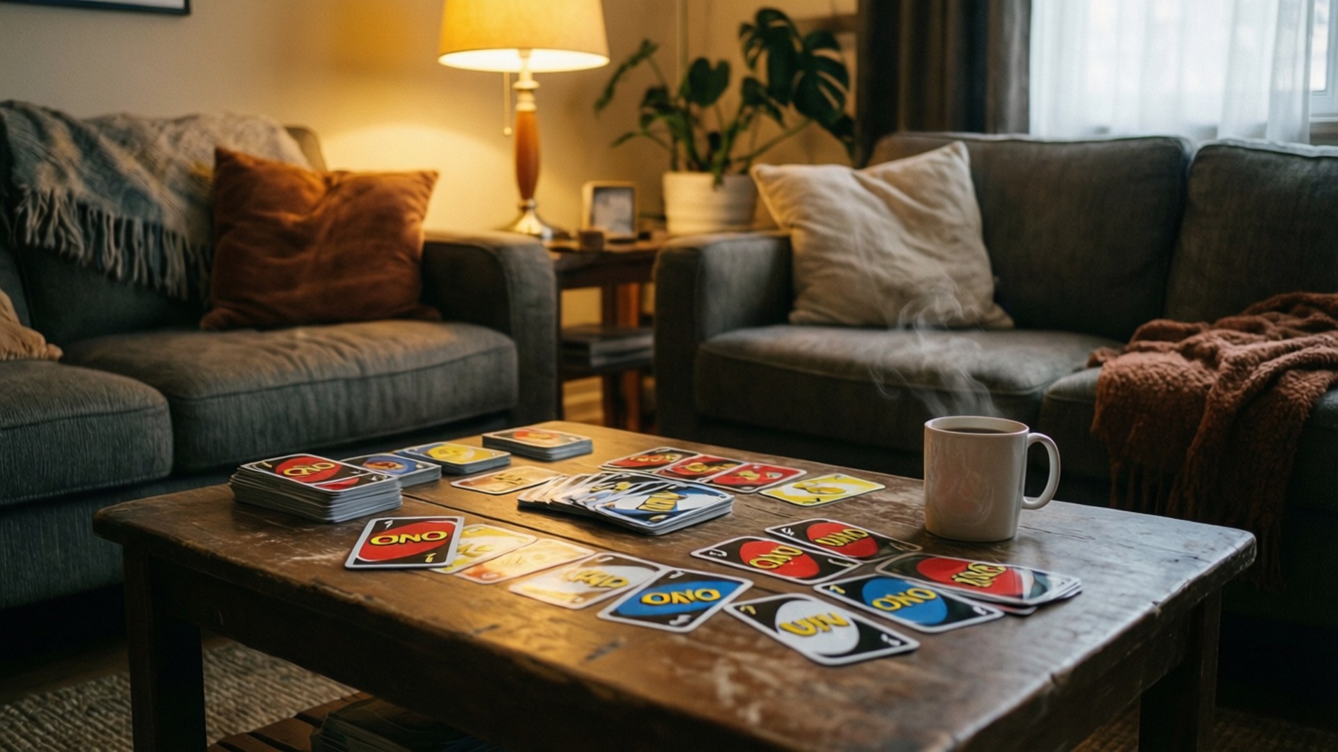 Cozy Game Night 壁紙 — 一個舒適的客廳，木製咖啡桌上散落著Uno卡和一個冒著蒸汽的杯子，旁邊是兩個灰色沙發，上面有靠墊和毯子。
