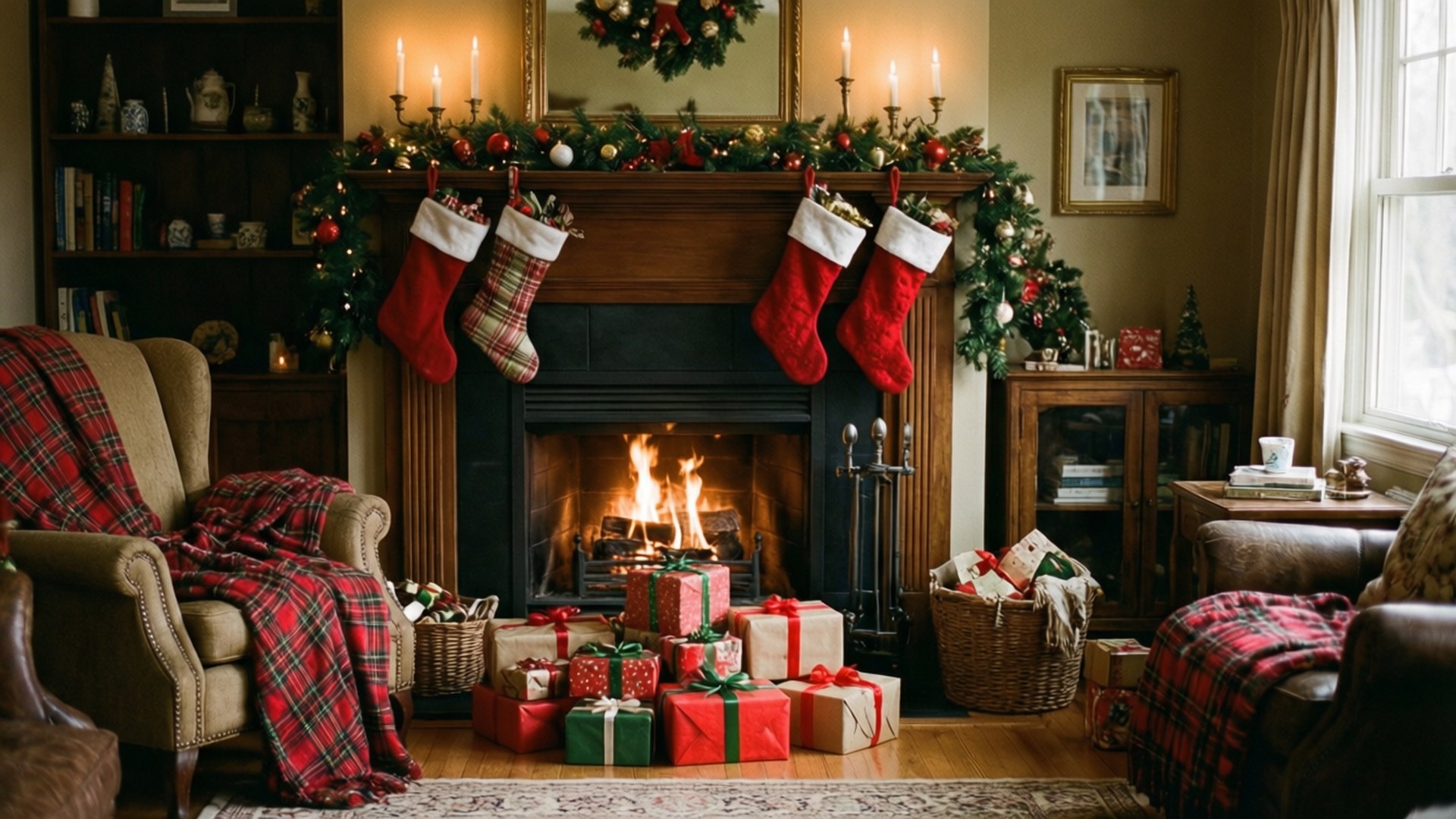 Fireside Presents 壁紙 — 一個舒適的客廳，有燃燒的壁爐，兩側有紅色格紋毯子和襪子，周圍是包裝好的禮物和節日綠色植物。