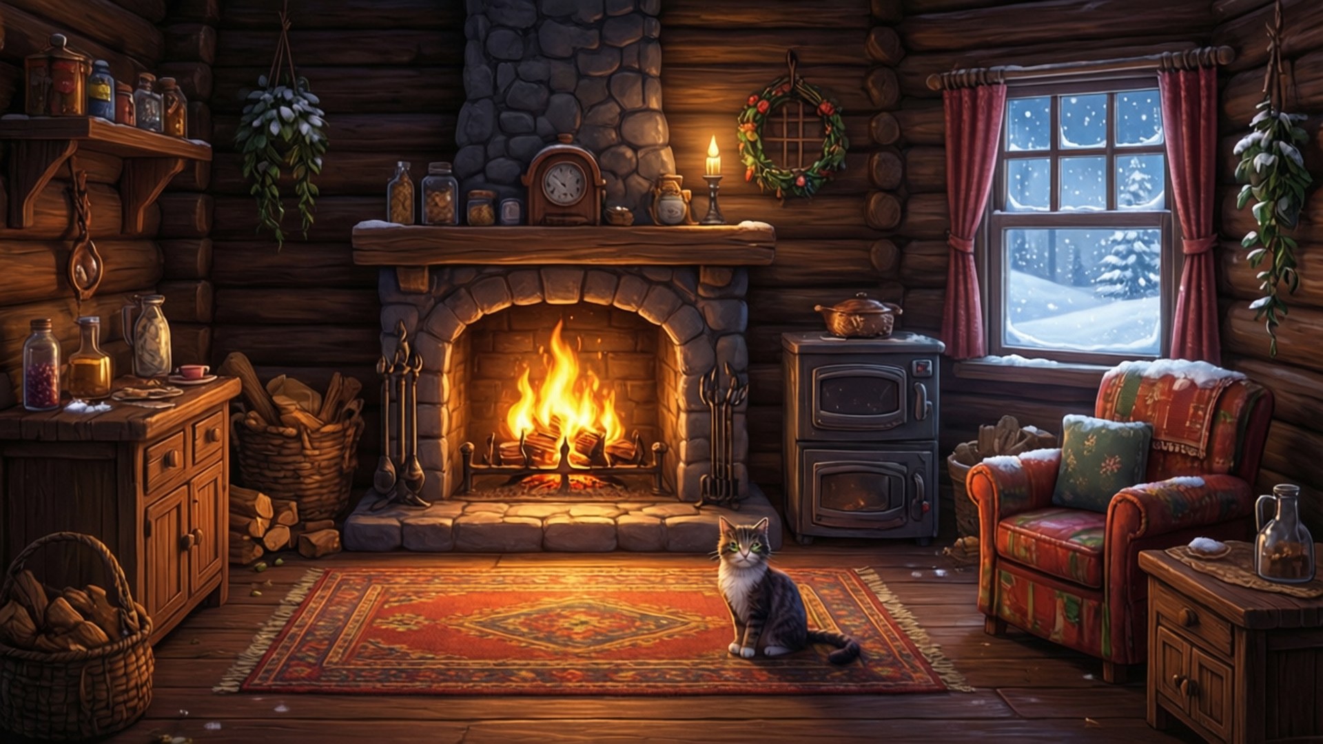 Cozy Winter Home 壁紙 — 舒適的木屋內部，壁爐熊熊燃燒，溫暖的光線照在一隻坐著的貓身上，鄉村風格的家具，窗外雪花飄落。