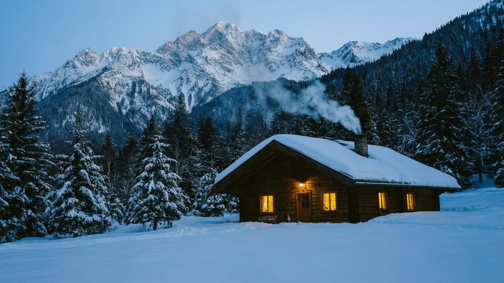 Cabin in the Snow 壁紙 — 一間舒適的雪覆蓋木屋，帶有溫暖發光的窗戶，坐落在白雪皚皚的森林中，下方是黃昏時分高聳的雪山。