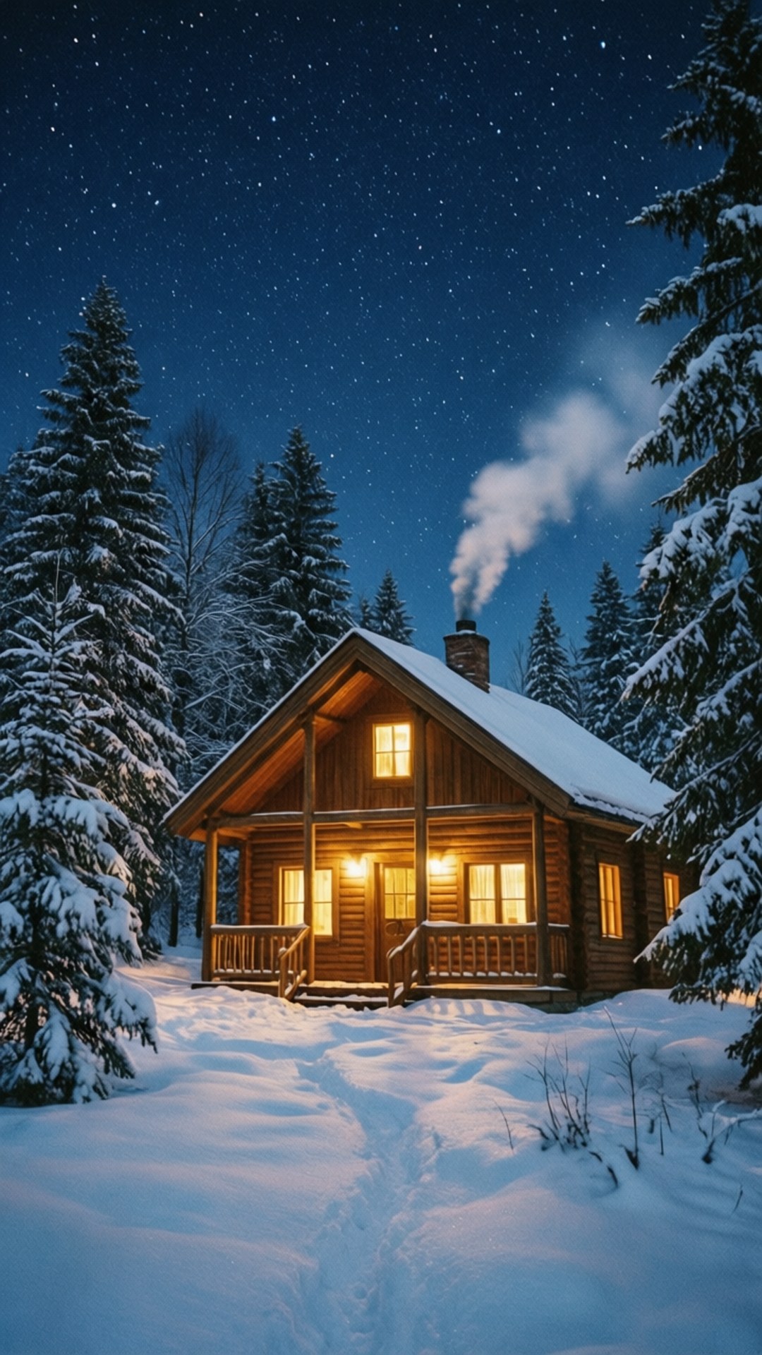 Cozy Winter Cabin 壁紙 — 一間舒適的木屋坐落在白雪覆蓋的松樹林中，星空下溫暖的燈光從窗戶透出，煙囪冒著裊裊炊煙。