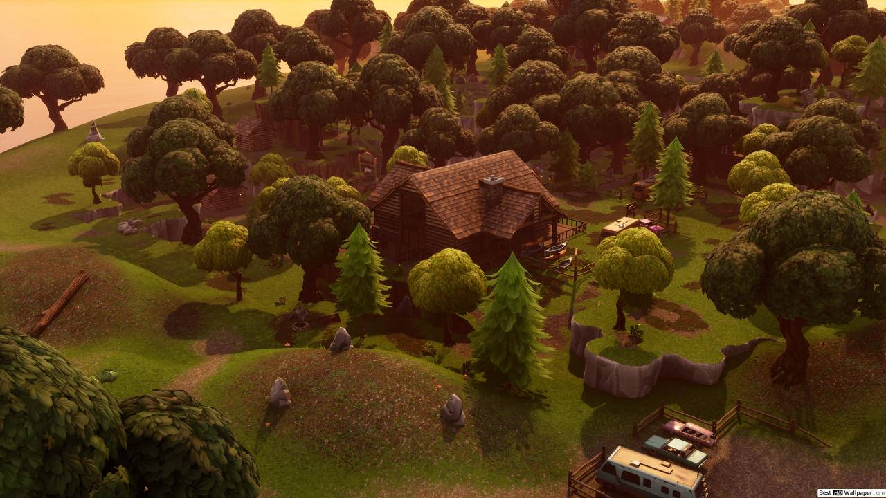 日落時分森林中舒適的木屋，伴隨著起伏的綠色山丘。 — Fortnite 壁紙