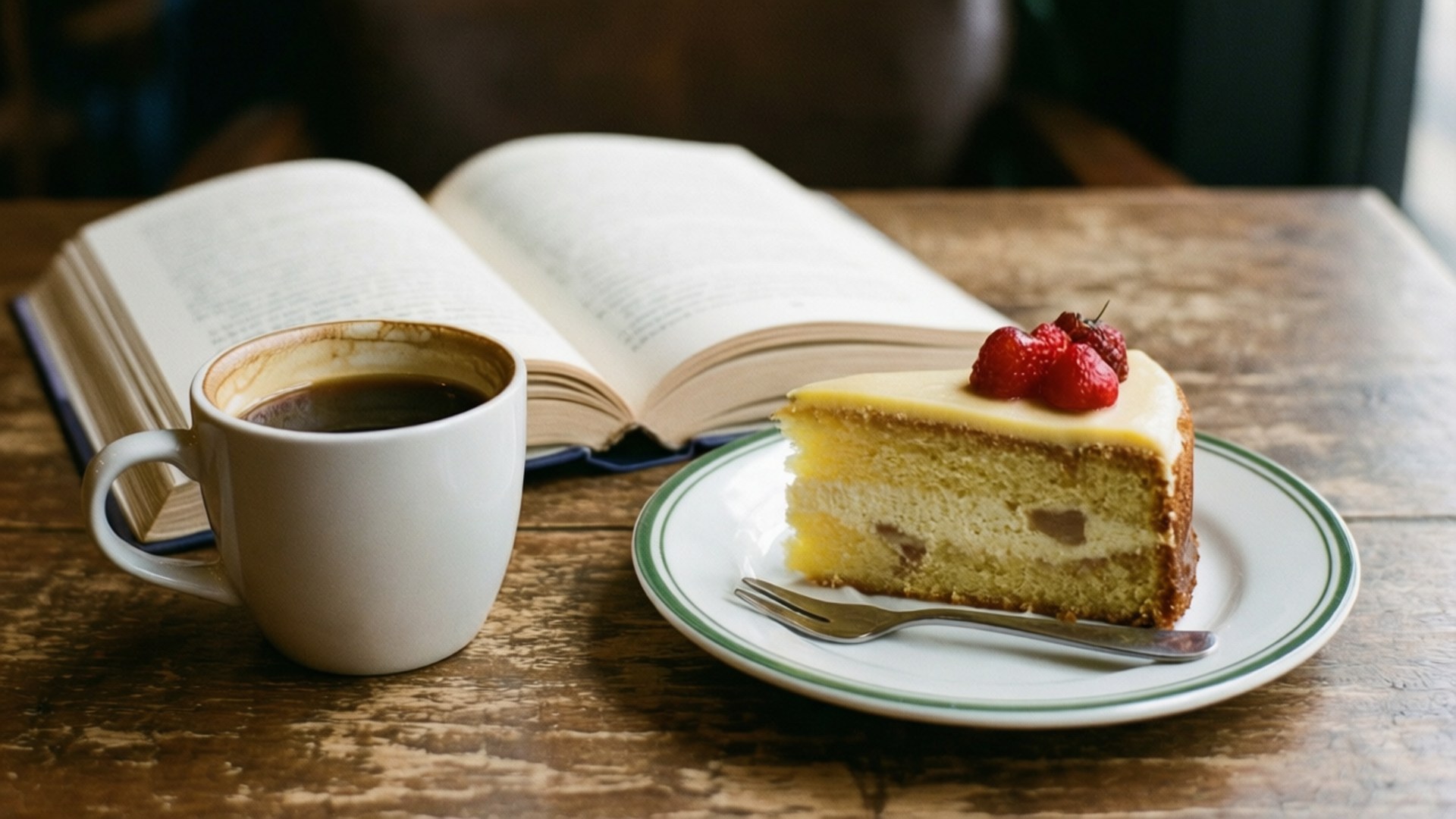 Coffee and Pages 壁紙 — 一張舒適的木桌上放著半杯咖啡、一本打開的書和一片 topped with 新鮮覆盆子的千層蛋糕。