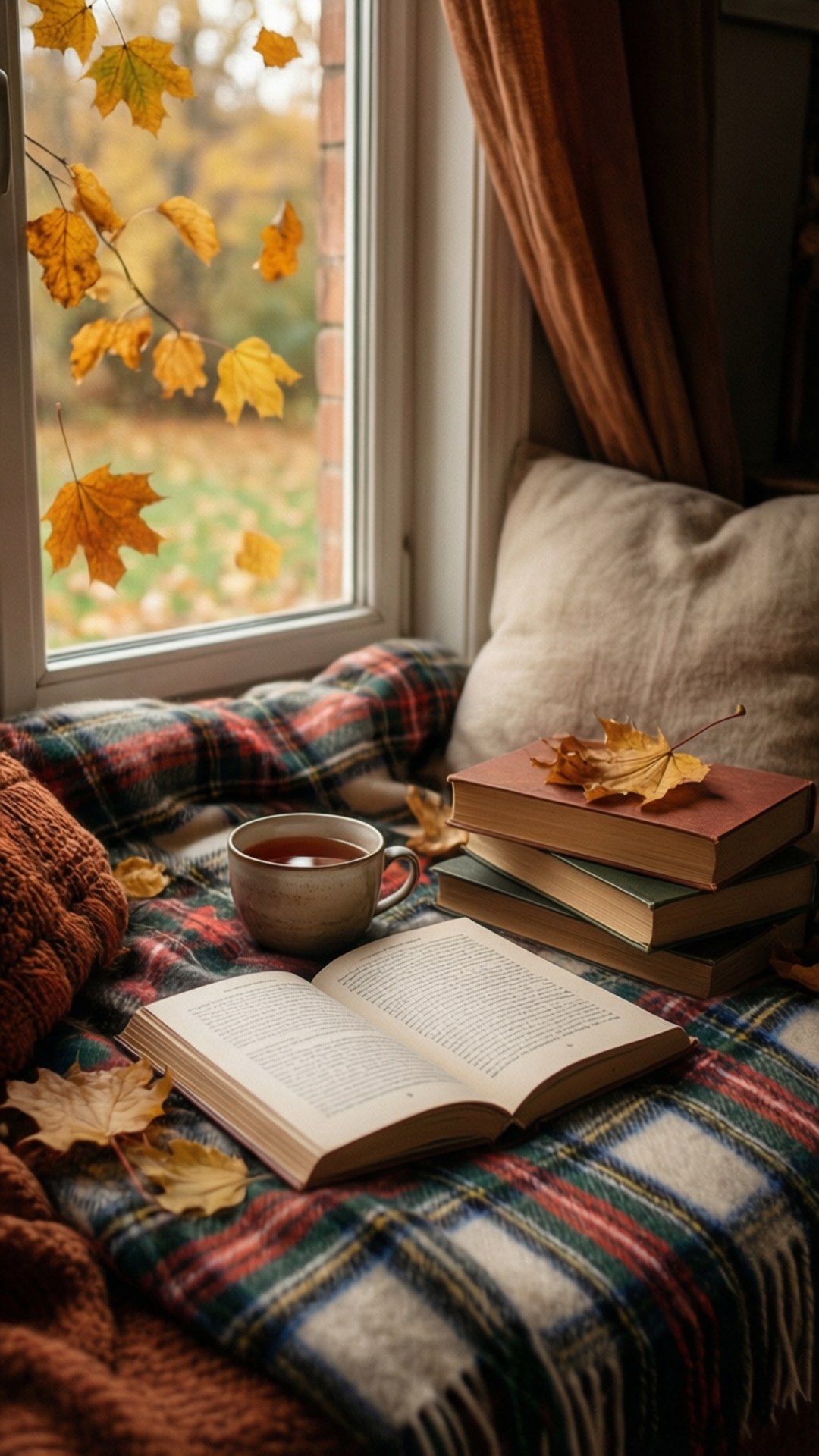 Cozy Reading Nook 壁紙 — 舒適的秋季窗邊座位，配有格紋毛毯、打開的書本、冒煙的茶和落葉框住景色。