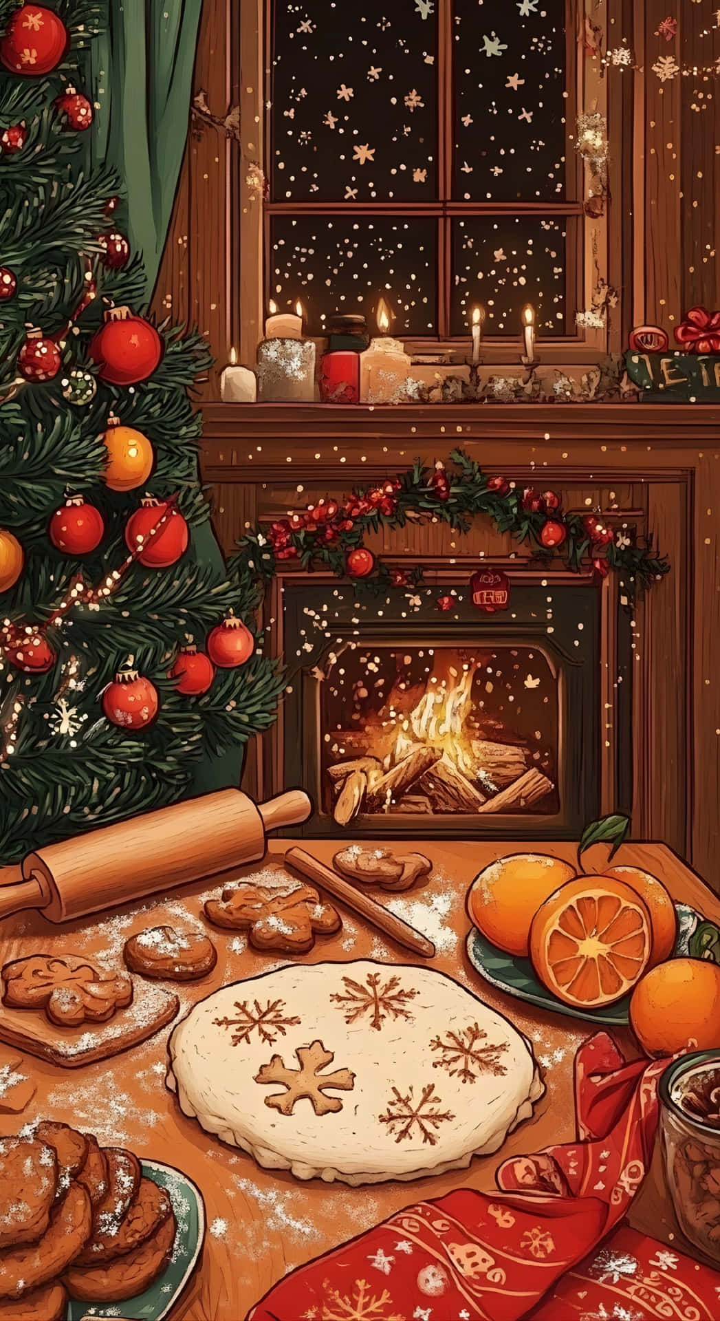  壁紙 — 舒適的聖誕廚房，配有壁爐、雪花餅乾、柳橙和在星空窗下裝飾的聖誕樹。