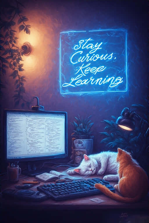 兩隻貓咪在雜亂的書桌上睡覺，上方有一個發光的霓虹燈牌，寫著stay curious keep learning。 — 8K 壁紙