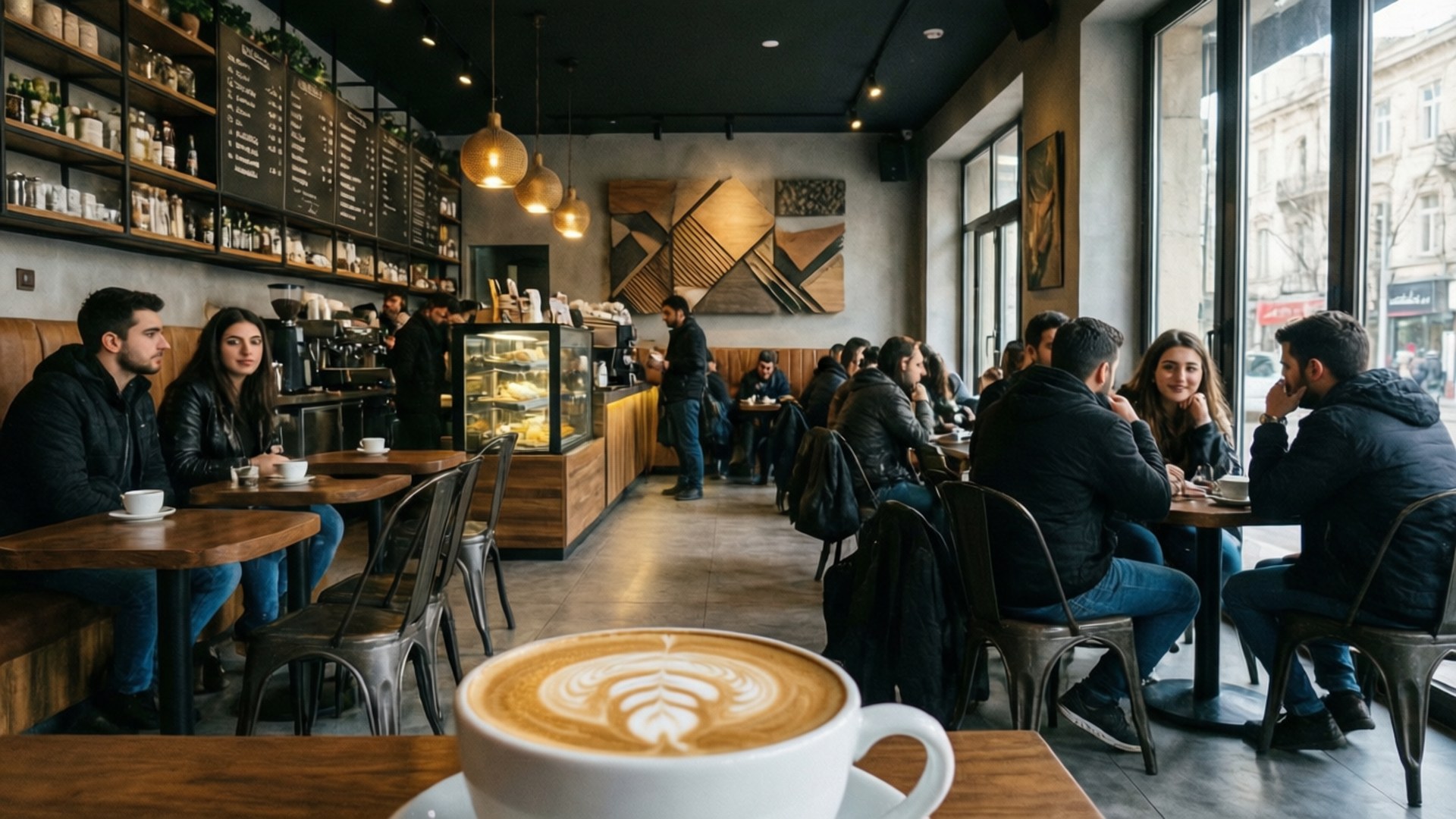 Tehran Coffee Culture 壁紙 — 舒適的現代咖啡館，顧客坐在木桌旁，在溫暖的吊燈下享用咖啡和糕點。