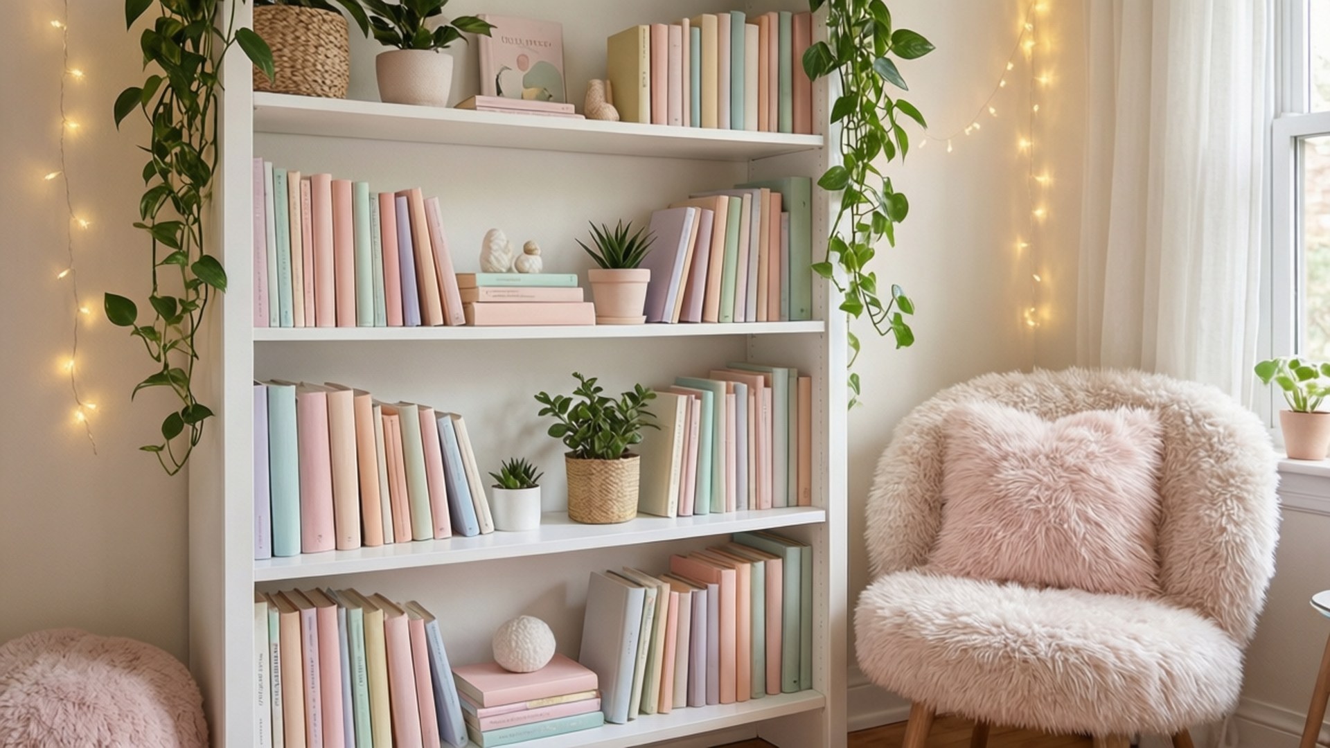 Cozy Bookshelf Nook 壁紙 — 一個舒適的角落，白色書架上擺滿了粉彩書和綠色植物，旁邊是一張毛絨絨的粉紅色椅子，在溫暖的串燈下。