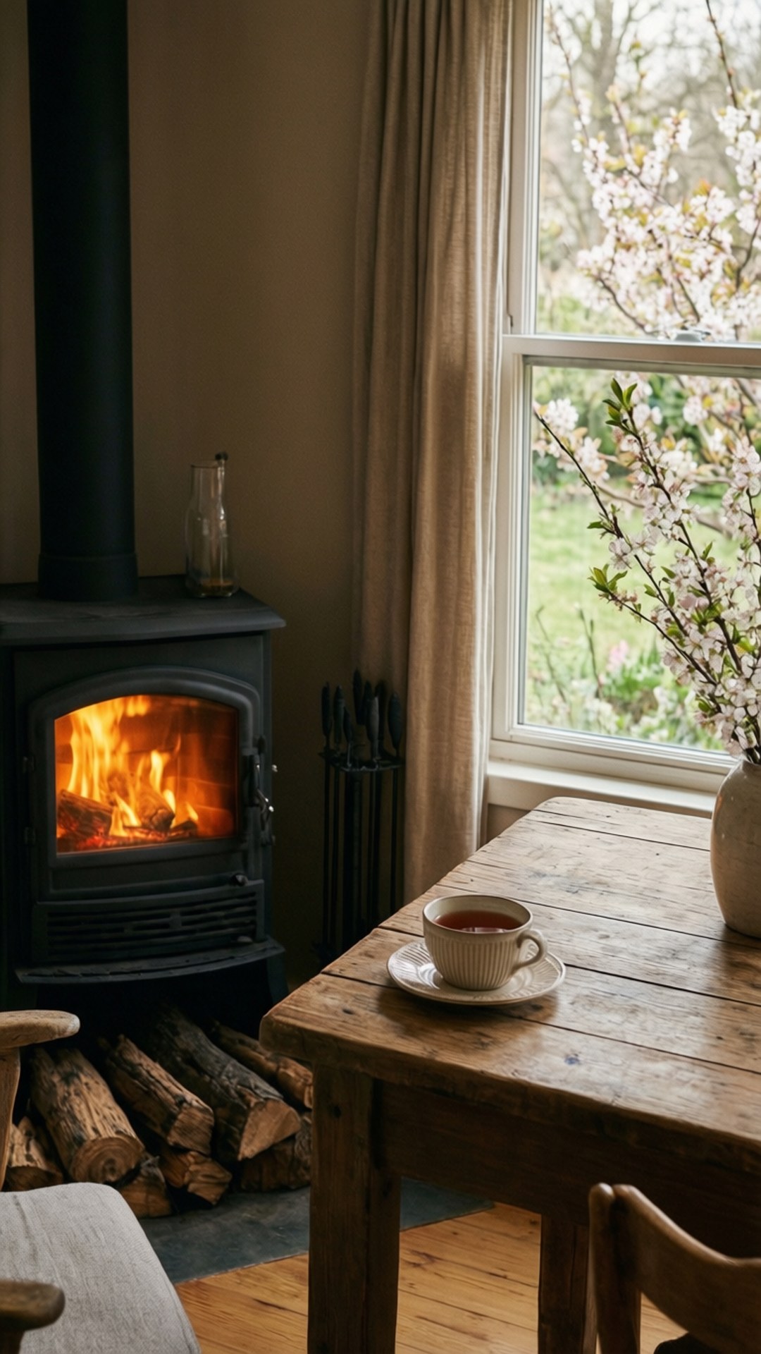 Cozy March Nook 壁紙 — 一個舒適的鄉村風格房間，窗邊的木桌上放著一杯茶和一瓶櫻花，旁邊有一個點燃的木爐。