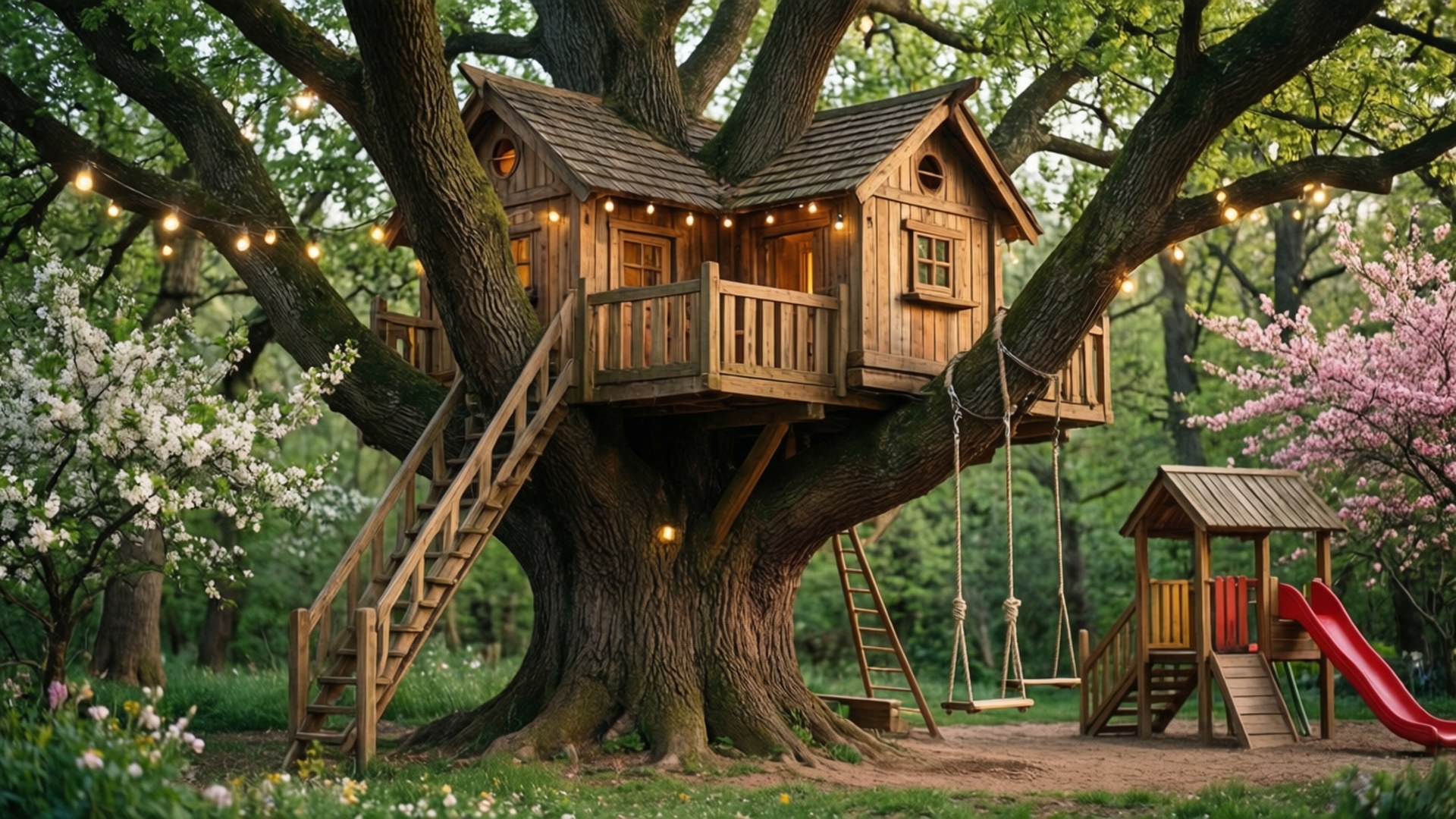 Fairy Treehouse 壁紙 — 一個舒適的木製樹屋，坐落在巨樹中，串燈溫暖地發光，旁邊有紅色溜滑梯和鞦韆。