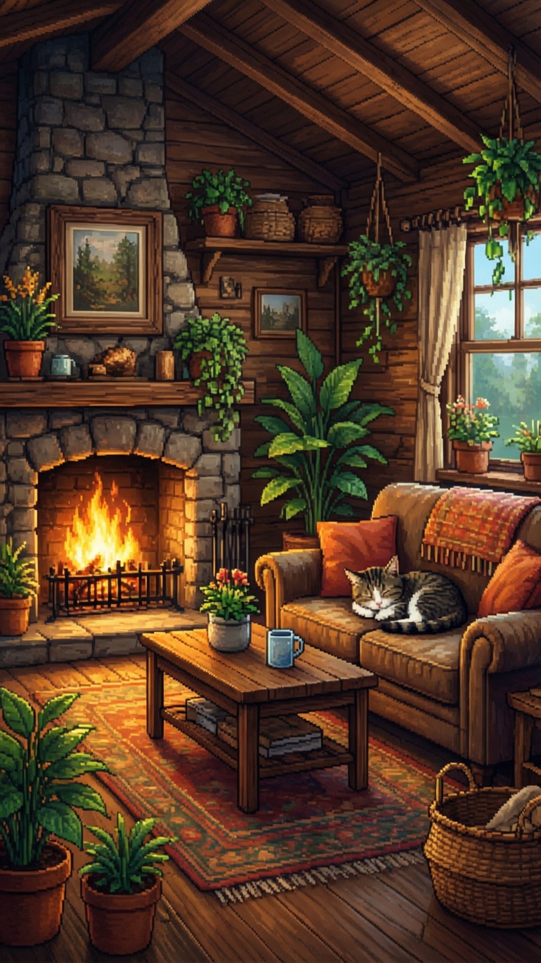 Home Sweet Home 壁紙 — 舒適鄉村風格客廳，設有熊熊燃燒的石壁爐、在皮沙發上睡覺的貓咪，以及大量綠色植物。