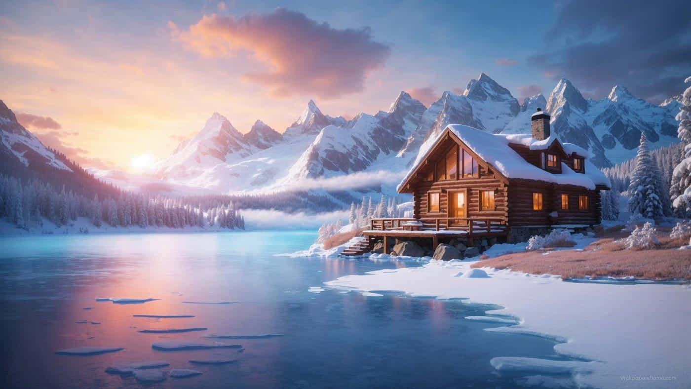  壁紙 — 一間舒適的雪覆蓋木屋在結冰的湖面上溫暖地發光，背景是雄偉的雪山在日落時分。