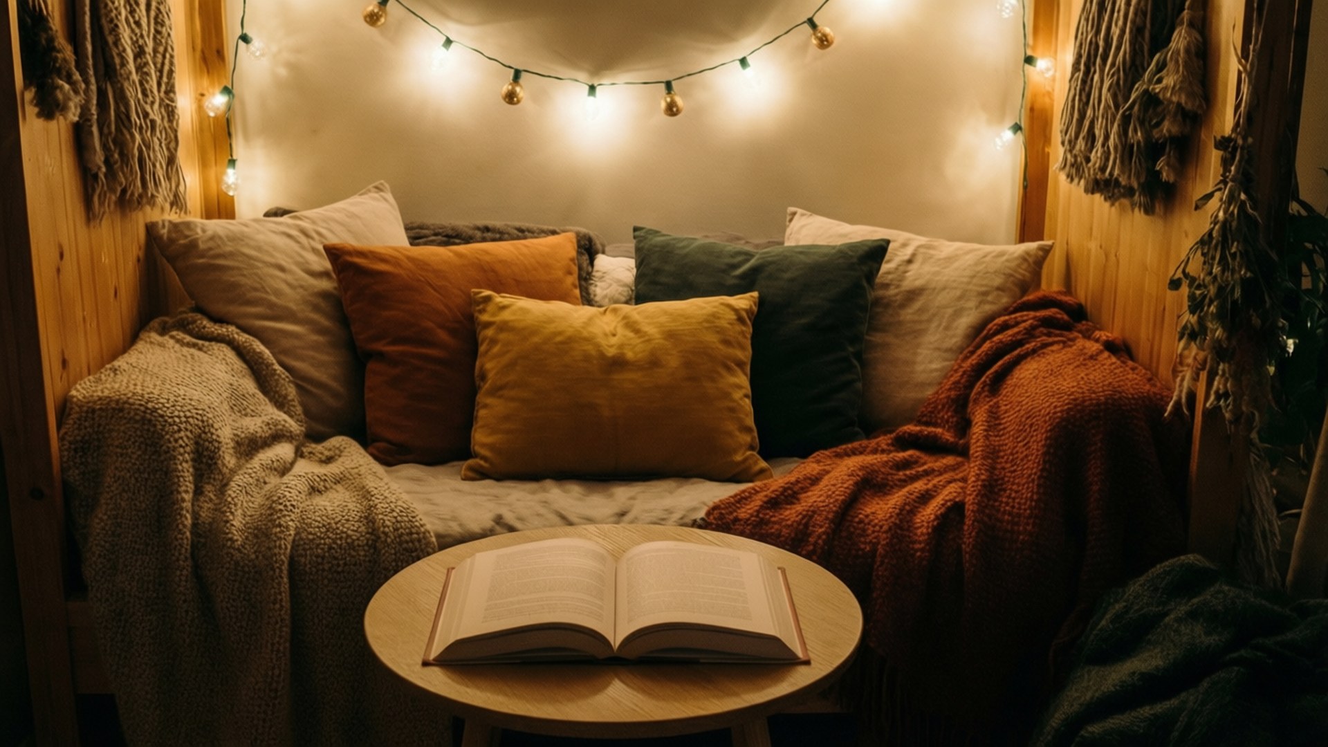Cozy Reading Nook 壁紙 — 舒適角落，上方有串燈，軟墊長椅上鋪滿毛毯和枕頭，圓形木桌上放著一本打開的書。