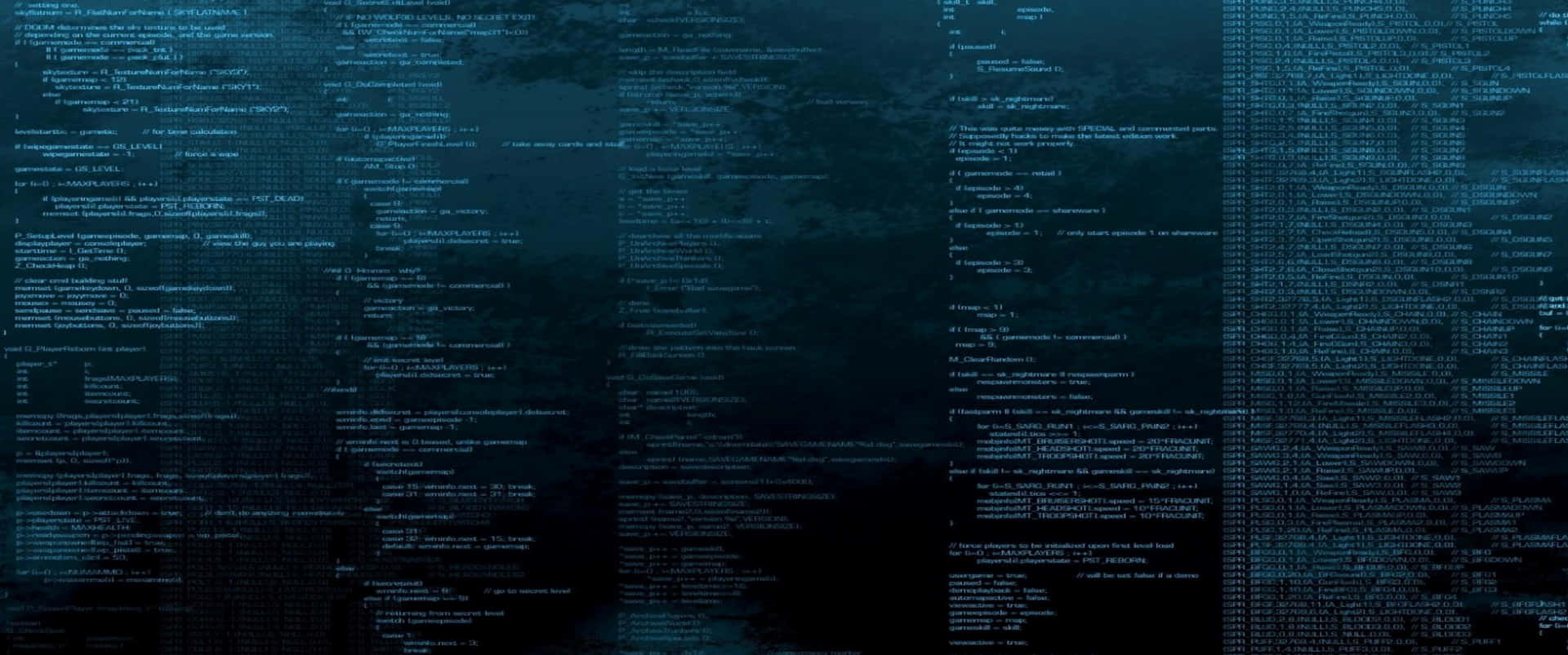 藍色數位程式碼在黑暗螢幕上以賽博龐克風格流動。 — 3440X1440 壁紙