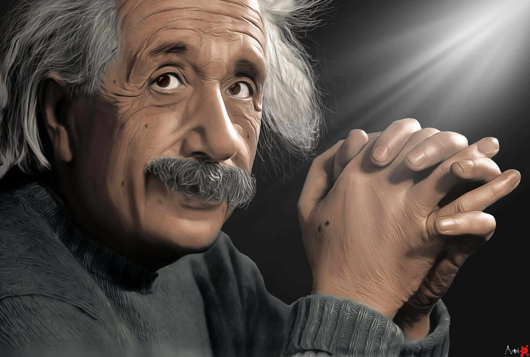 Albert Einstein 桌布 壁紙 — 一幅數位渲染的亞伯特·愛因斯坦肖像，雙手合十，在黑暗背景下被戲劇性的背光照亮。