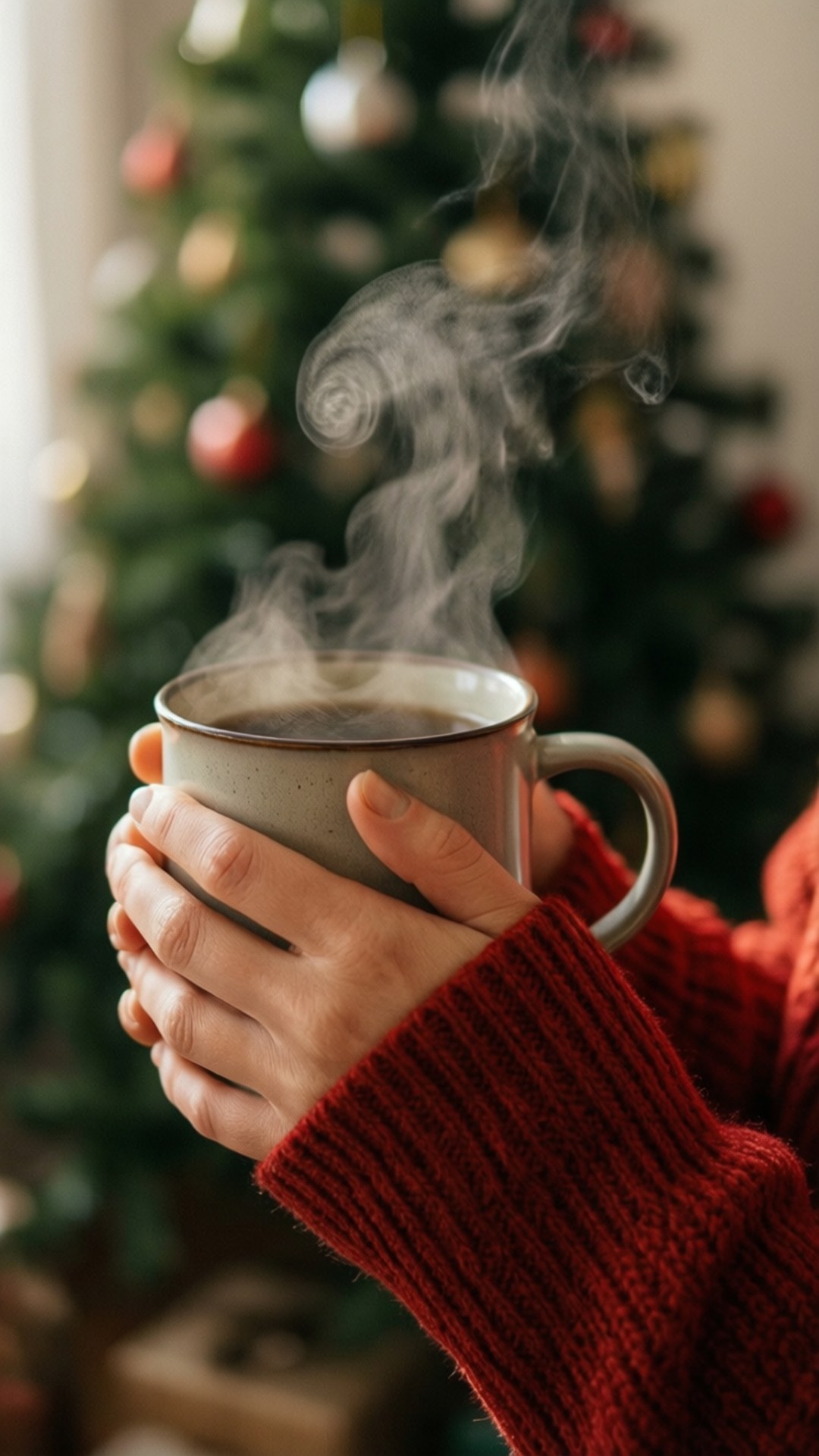 Warm Mug and Sweater 壁紙 — 雙手穿著紅色毛衣，捧著冒煙的馬克杯，背景是模糊的聖誕樹。