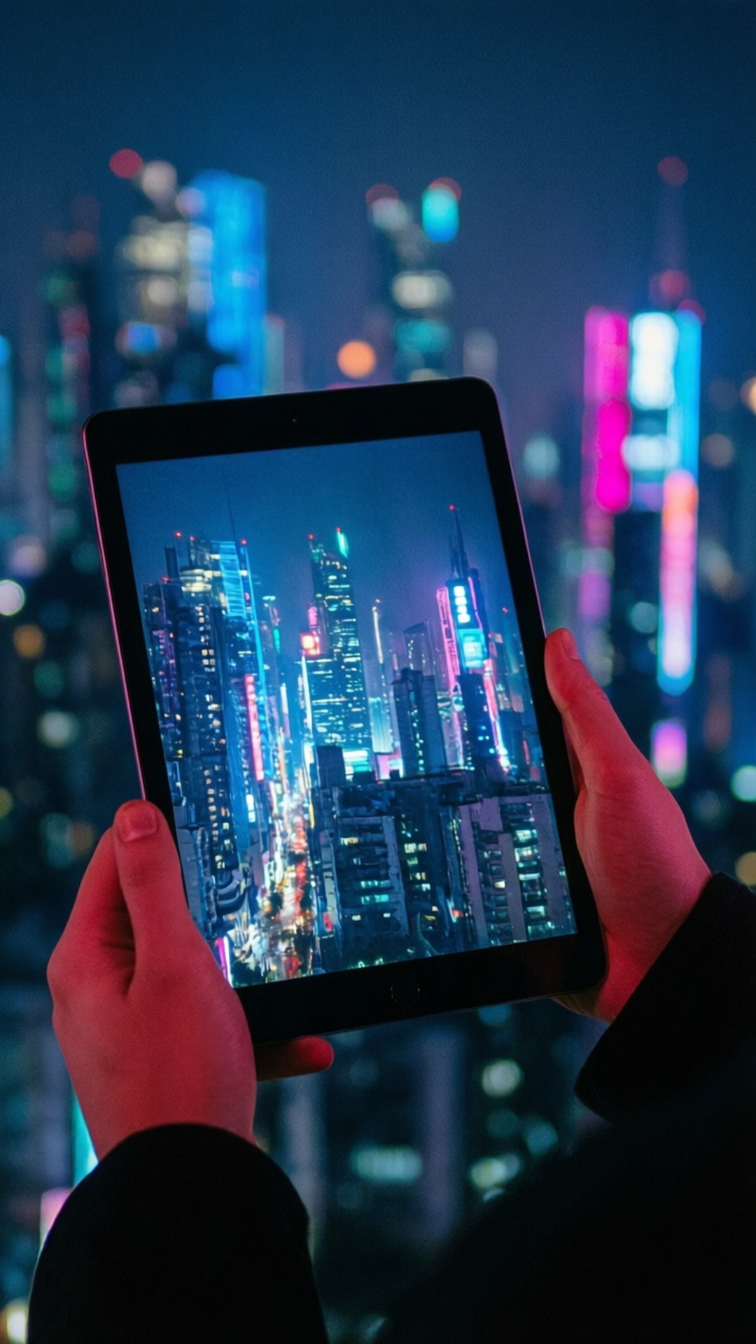 Neon City Tablet 壁紙 — 雙手拿著平板電腦，顯示出充滿活力的霓虹燈城市景觀，背景是夜晚模糊的真實城市。