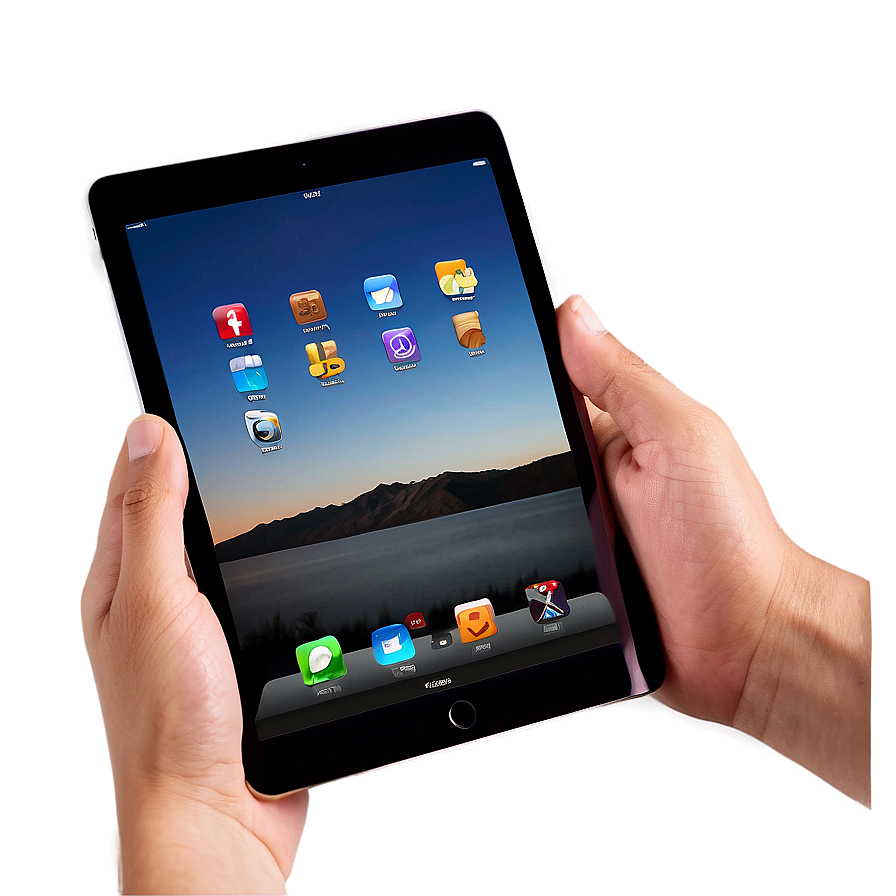 兩隻手拿著平板電腦，帶有應用程式圖示和山湖日落背景。 — iPad 壁紙