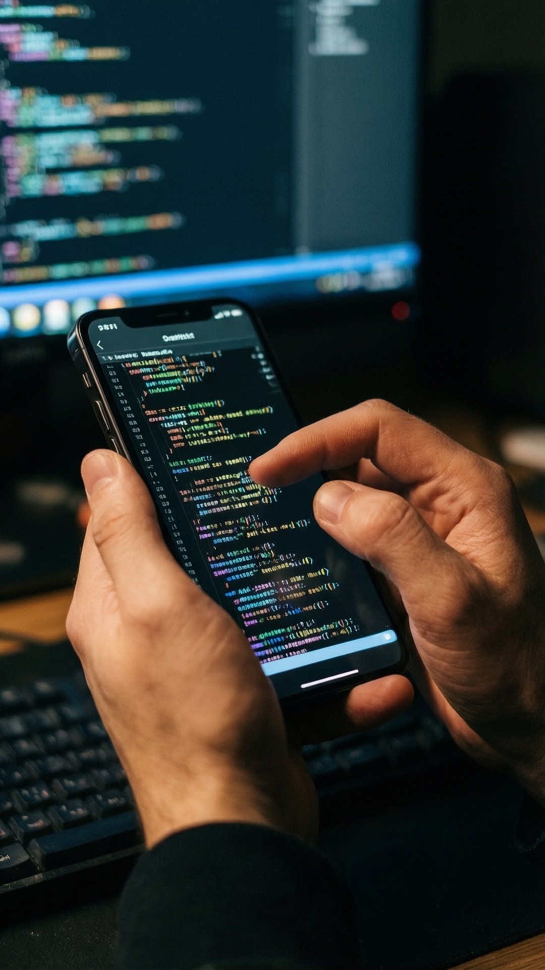 Coding on iPhone 壁紙 — 雙手握住顯示彩色程式碼的智慧型手機，而背景中的電腦顯示器顯示更多程式碼。