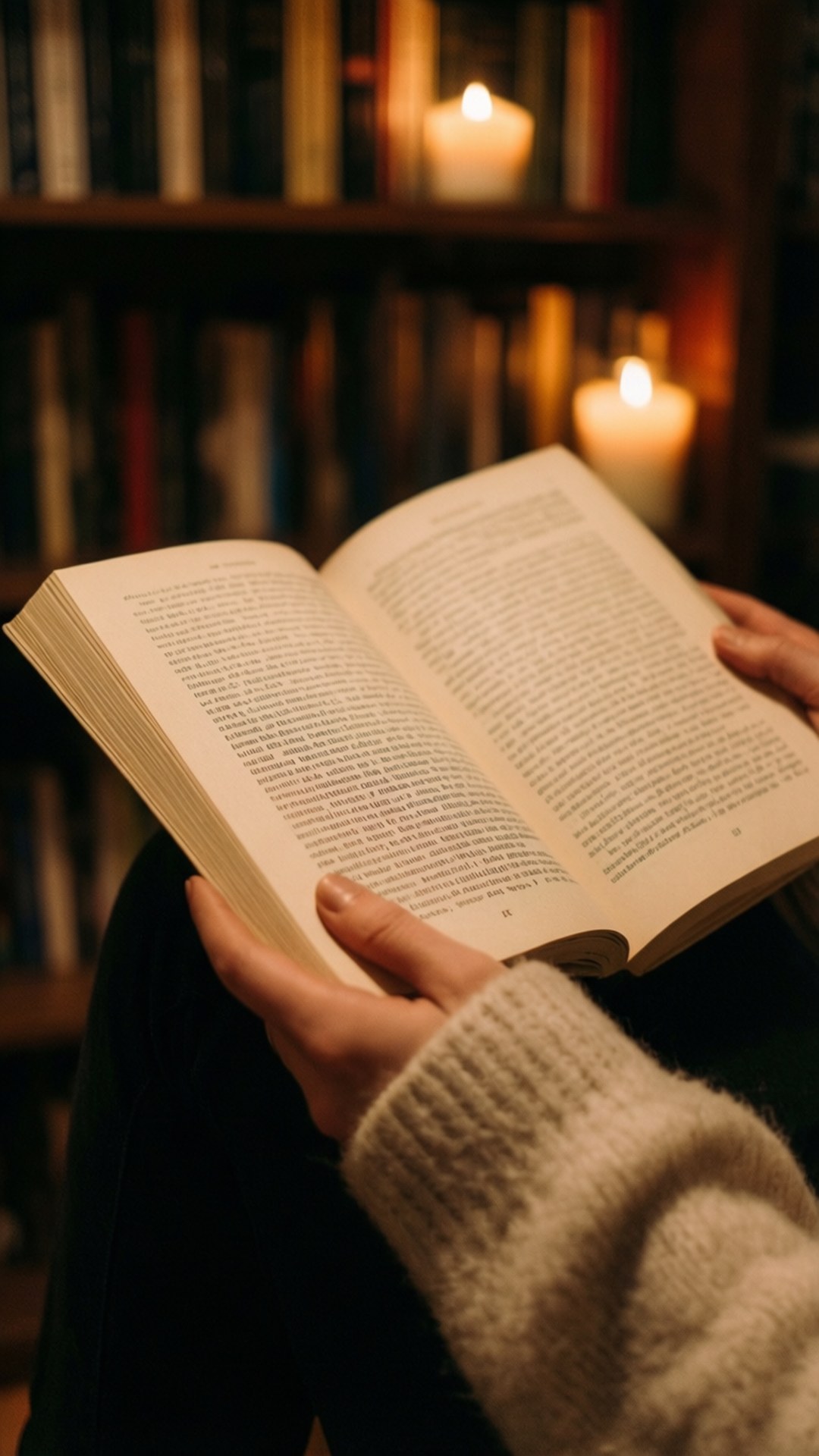 Hands Holding a Book 壁紙 — 雙手在溫暖的燭光下捧著一本打開的書，背景是書架。