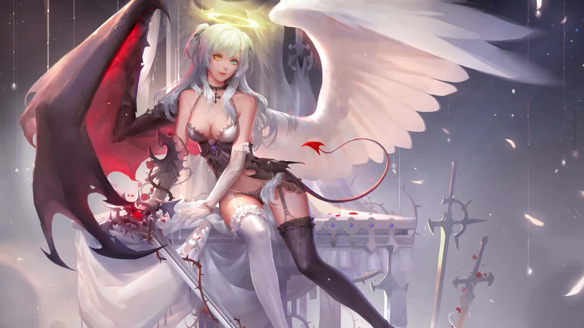  壁紙 — 一位雙翼動漫天使惡魔，白髮紅角，坐在被劍和飄浮花瓣環繞的王座上。