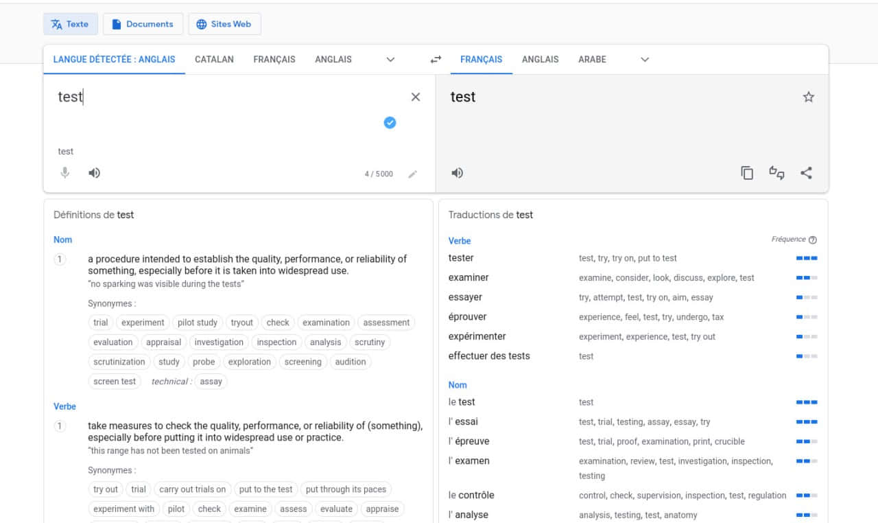 一個數位詞典，顯示單詞 test 的英文和法文定義。 — Google 壁紙