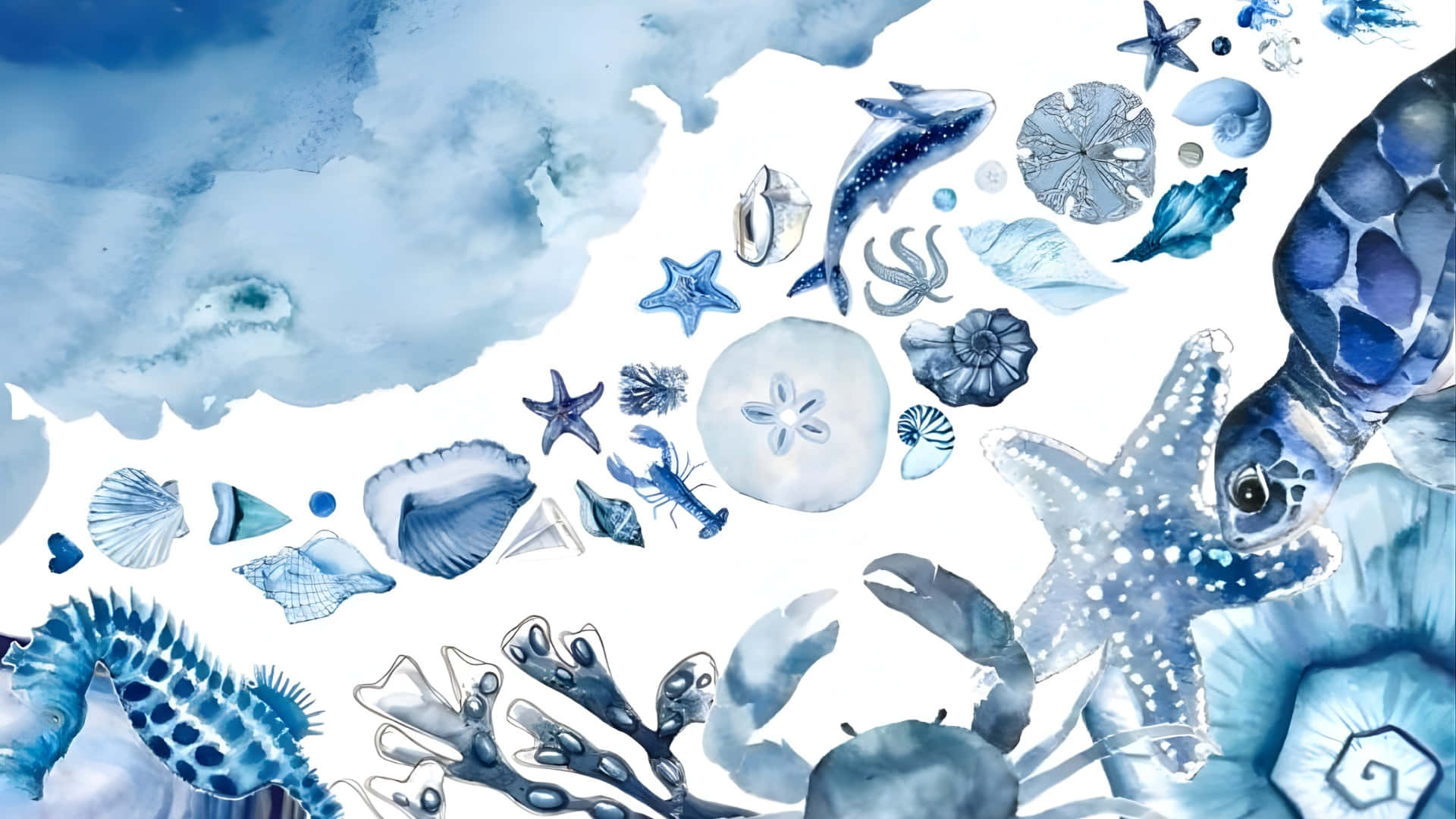  壁紙 — 一幅水彩海景畫，描繪了海龜、海星、海馬和貝殼，以不同深淺的藍色呈現，背景為白色。