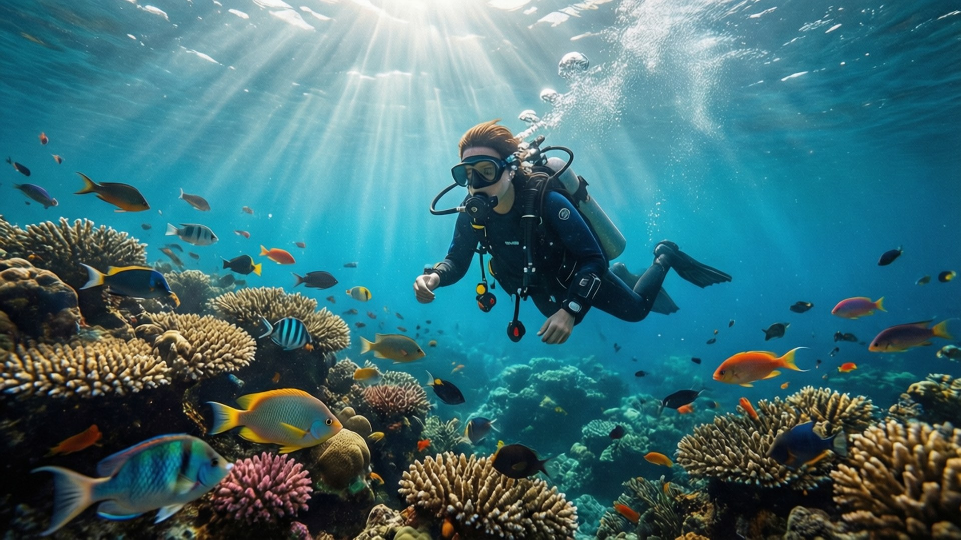 Ocean Reef Dive 壁紙 — 一名水肺潛水員在色彩繽紛的珊瑚礁中滑行，陽光從上方照射下來，照亮了色彩繽紛的熱帶魚。