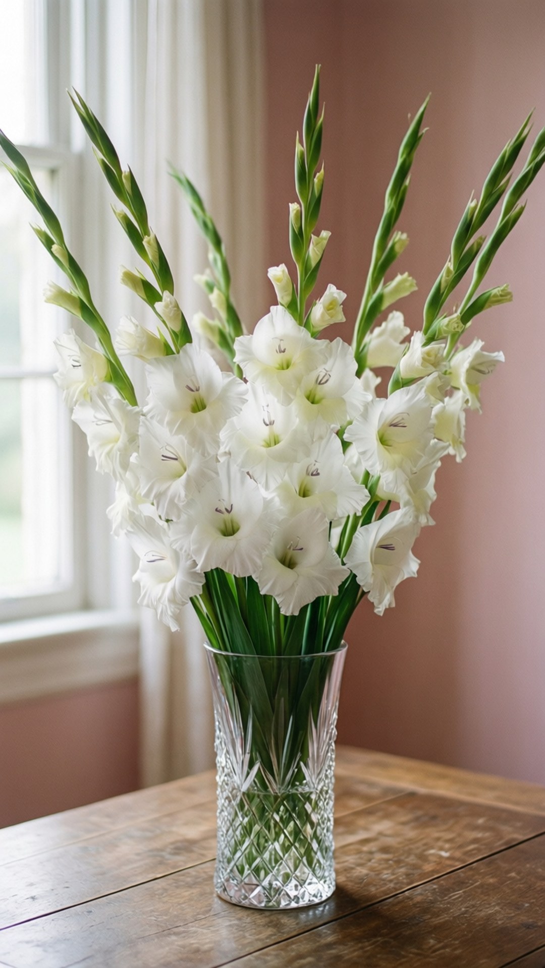 White Gladiolus Elegance 壁紙 — 一個水晶花瓶裡插滿了白色劍蘭花和綠色莖，放在靠近窗戶的木桌上，伴隨著柔和自然光。