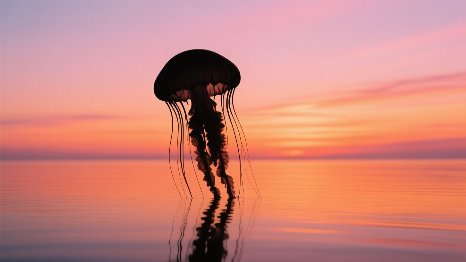 Jellyfish Sunset Silhouette 壁紙 — 水母剪影在平靜的水面上滑行，水面反射出充滿活力的橙色和粉紅色日落天空。