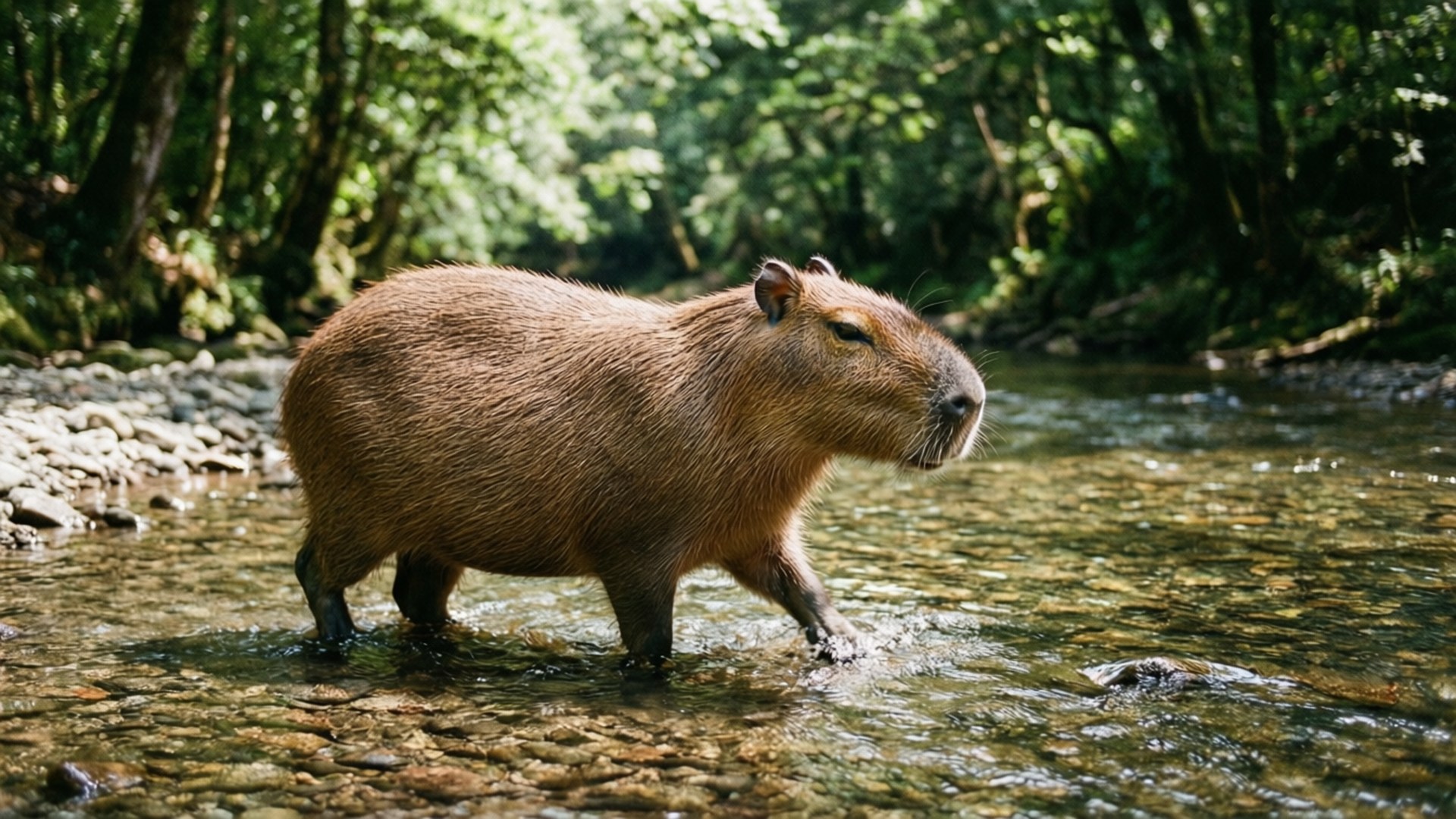 Streamside Capybara 壁紙 — 一隻水豚在陽光明媚的森林溪流中涉水而過，清澈淺水，周圍是茂密的綠色樹葉。