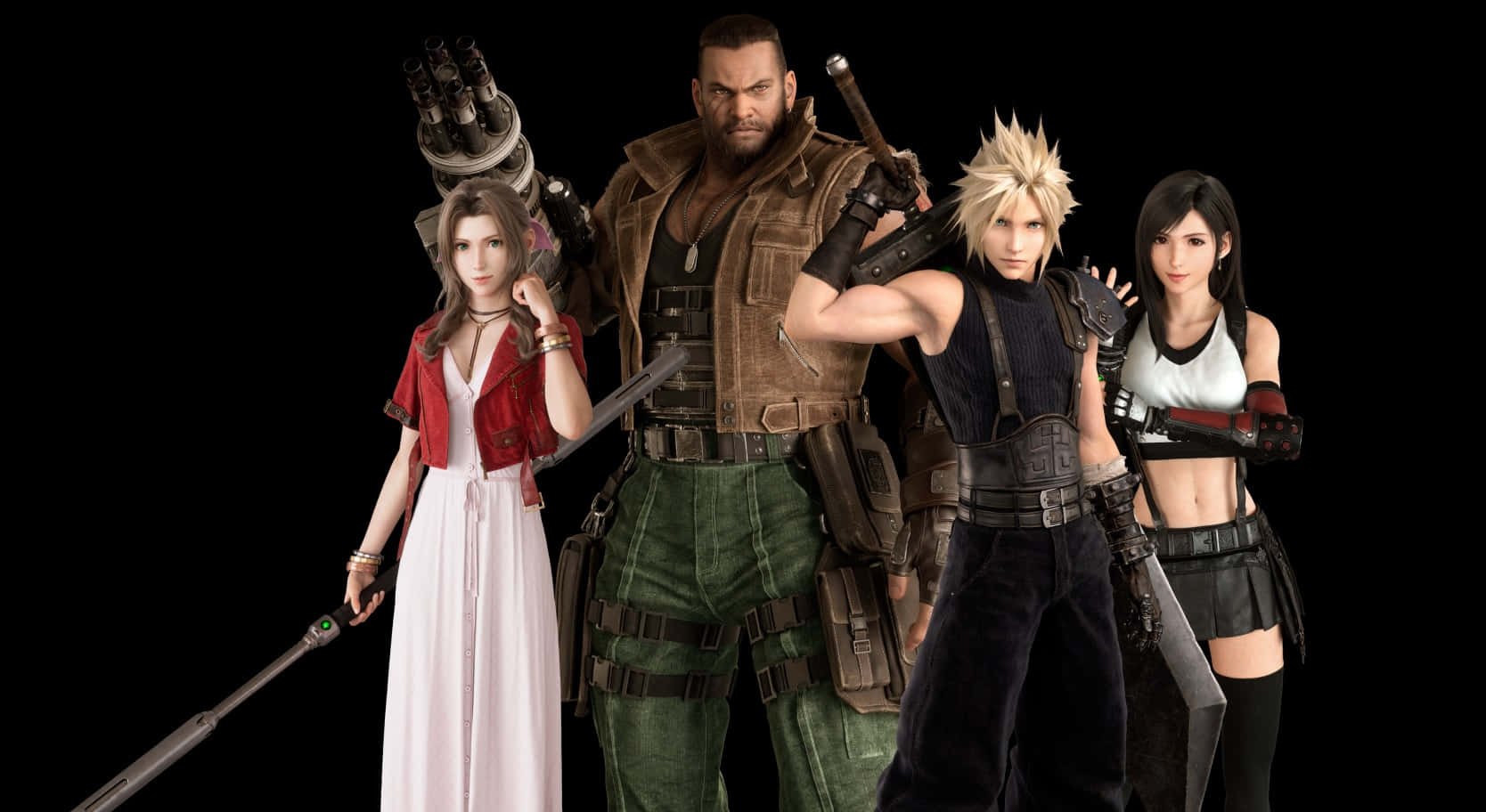四個穿著戰鬥裝備的Final Fantasy VII角色在黑色背景前手持武器擺姿勢。 — 最終幻想8 壁紙
