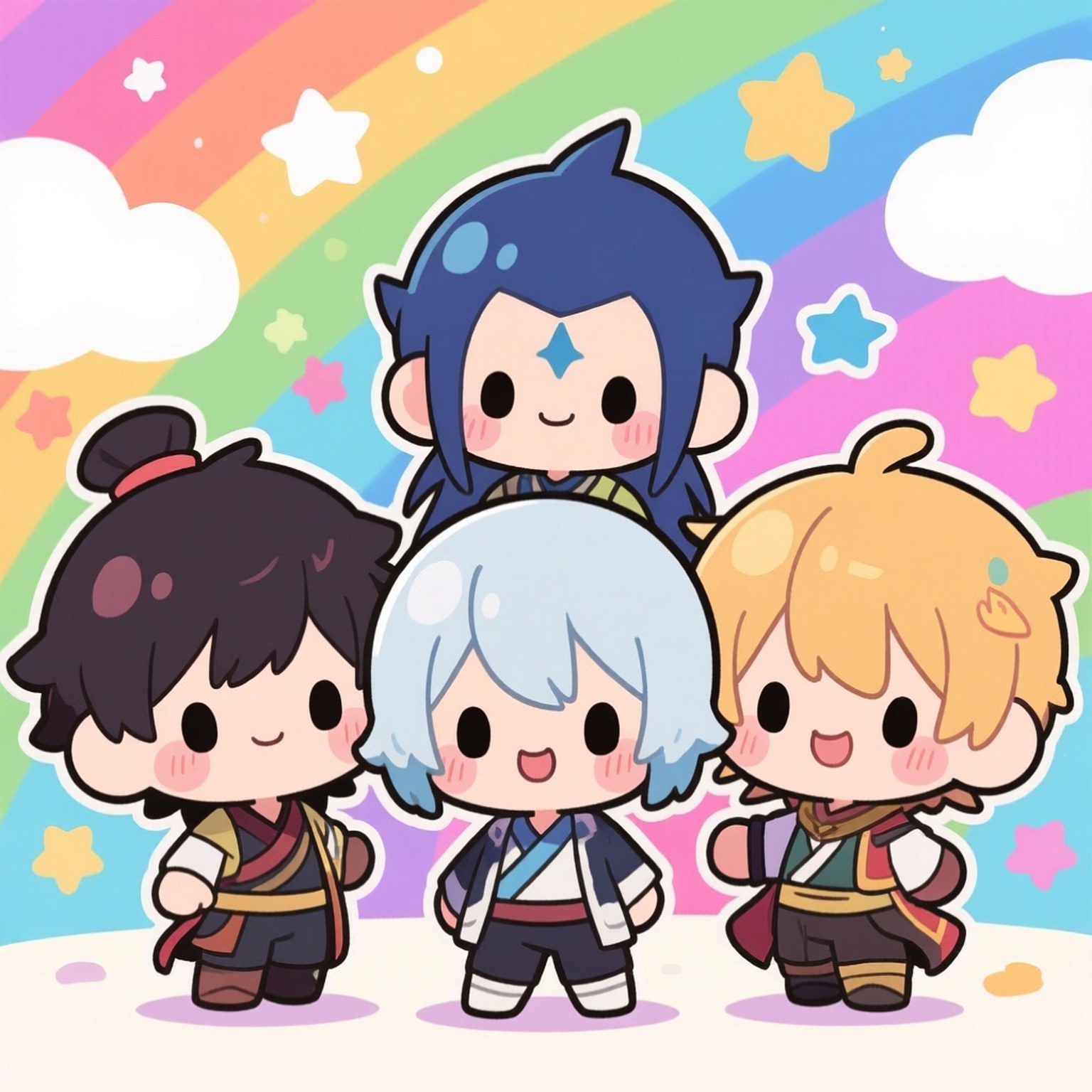 Chibi Slime Adventures 壁紙 — 四個不同髮色的Q版動漫角色在鮮豔的彩虹和閃爍的星星下愉快地站立。