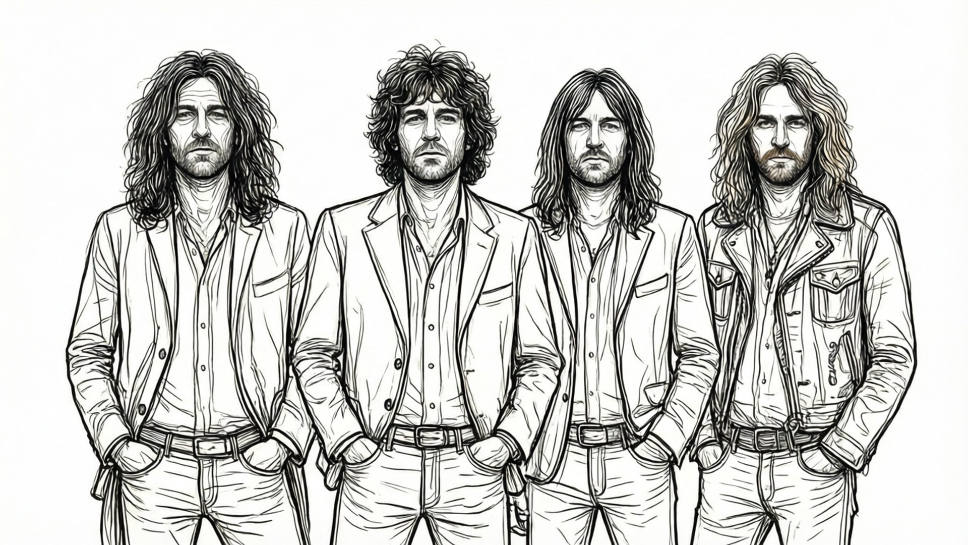Line Art Band 壁紙 — 四個長髮鬍鬚的男人並排站立，穿著外套和牛仔褲，以詳細的黑白線條畫呈現。