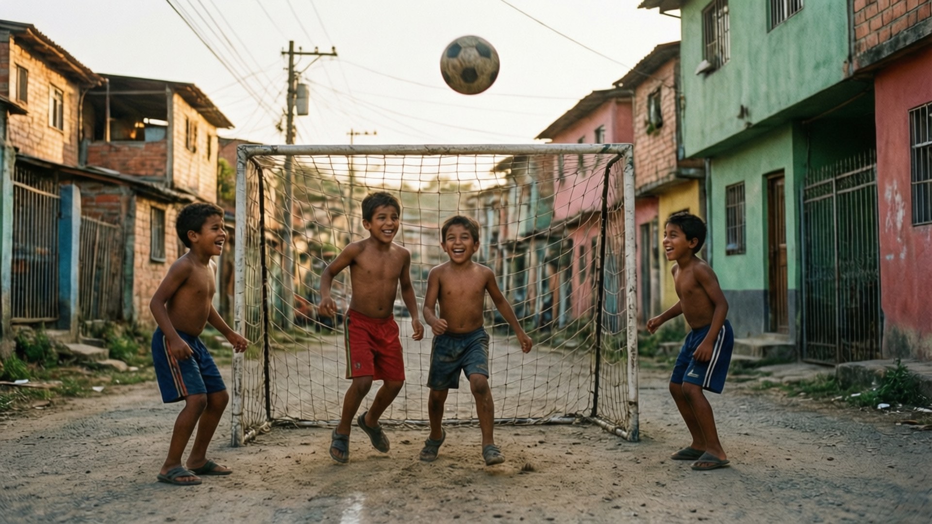 Street Football Dream 壁紙 — 四個赤膊男孩在日落時分，在色彩繽紛、飽經風霜的房屋環繞的塵土飛揚的街道上笑著踢足球。