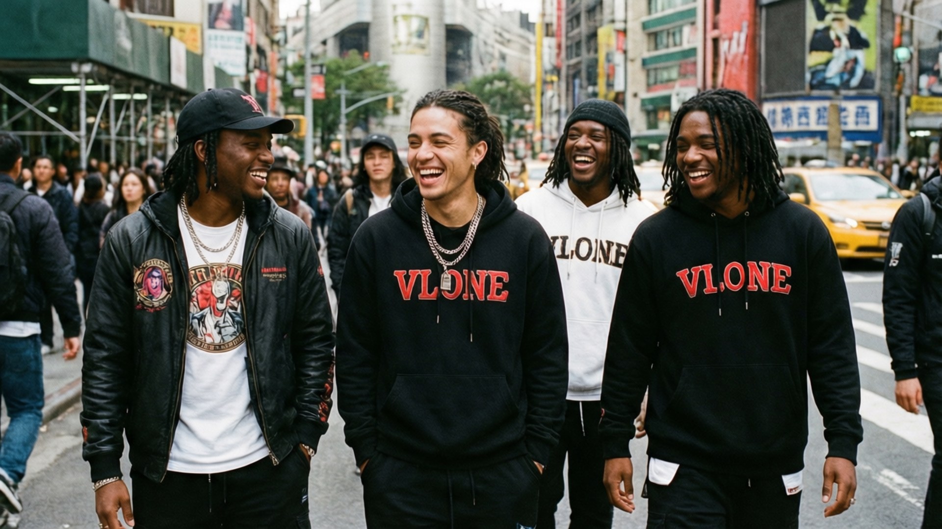 Friends in the City 壁紙 — 四個穿著街頭服飾的年輕男子笑著走在繁忙的城市人行道上，背景有黃色的士和廣告看板。