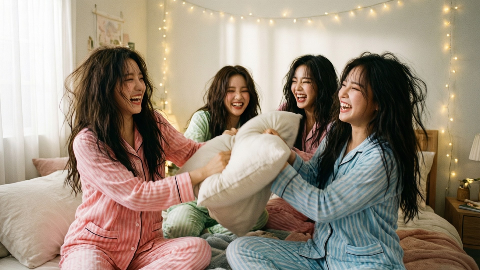 Cozy Pillow Fight 壁紙 — 四個穿著睡衣大笑的朋友在燈串下的床上頑皮地打枕頭戰。