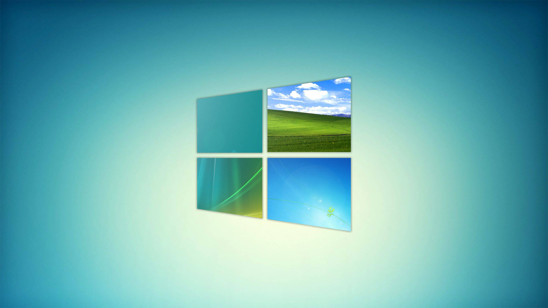 Windows 標誌，帶有綠色田野、藍天和漸變背景上的抽象青綠色面板。 — Windows 11 壁紙
