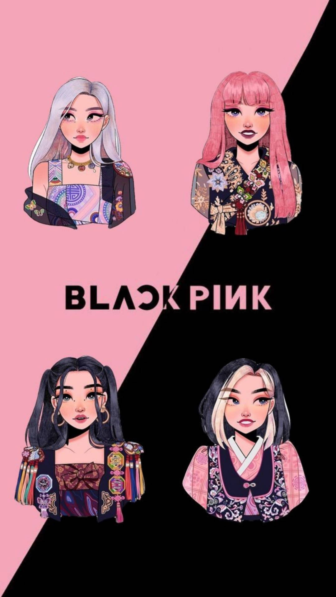 四個插圖化的 K-pop 女子組合成員，擁有色彩繽紛的頭髮和服飾，在粉紅和黑色背景前。 — Jennie 壁紙