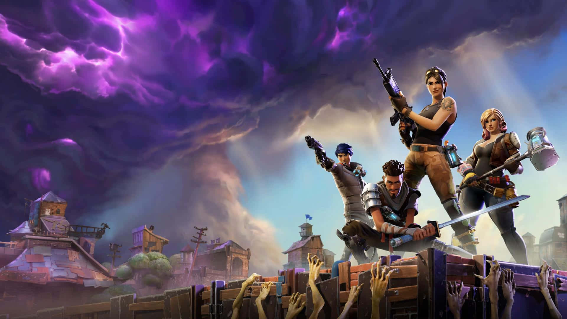  壁紙 — 四個 Fortnite 角色站在木箱上，殭屍的手從下方伸出，背景是暴風雨的紫色天空。