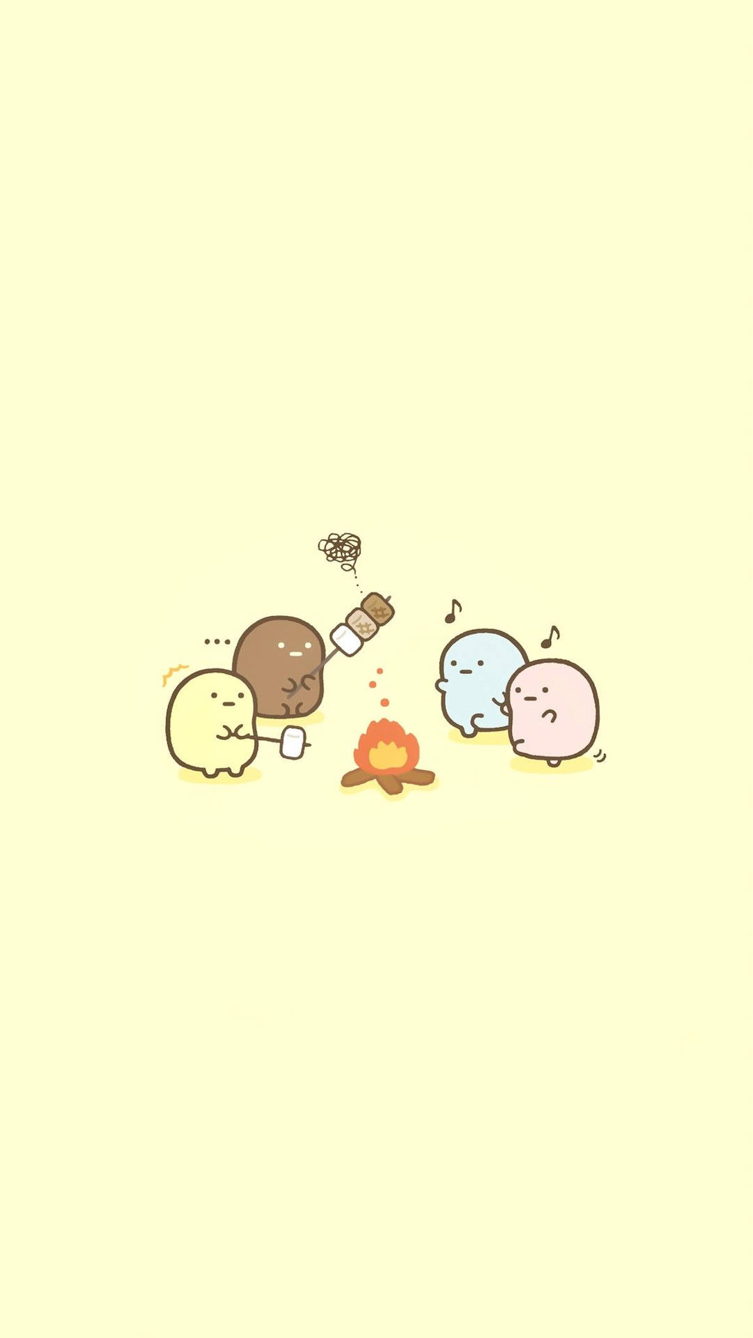 四個卡通人物在營火旁烤棉花糖。 — Squishmallows 壁紙