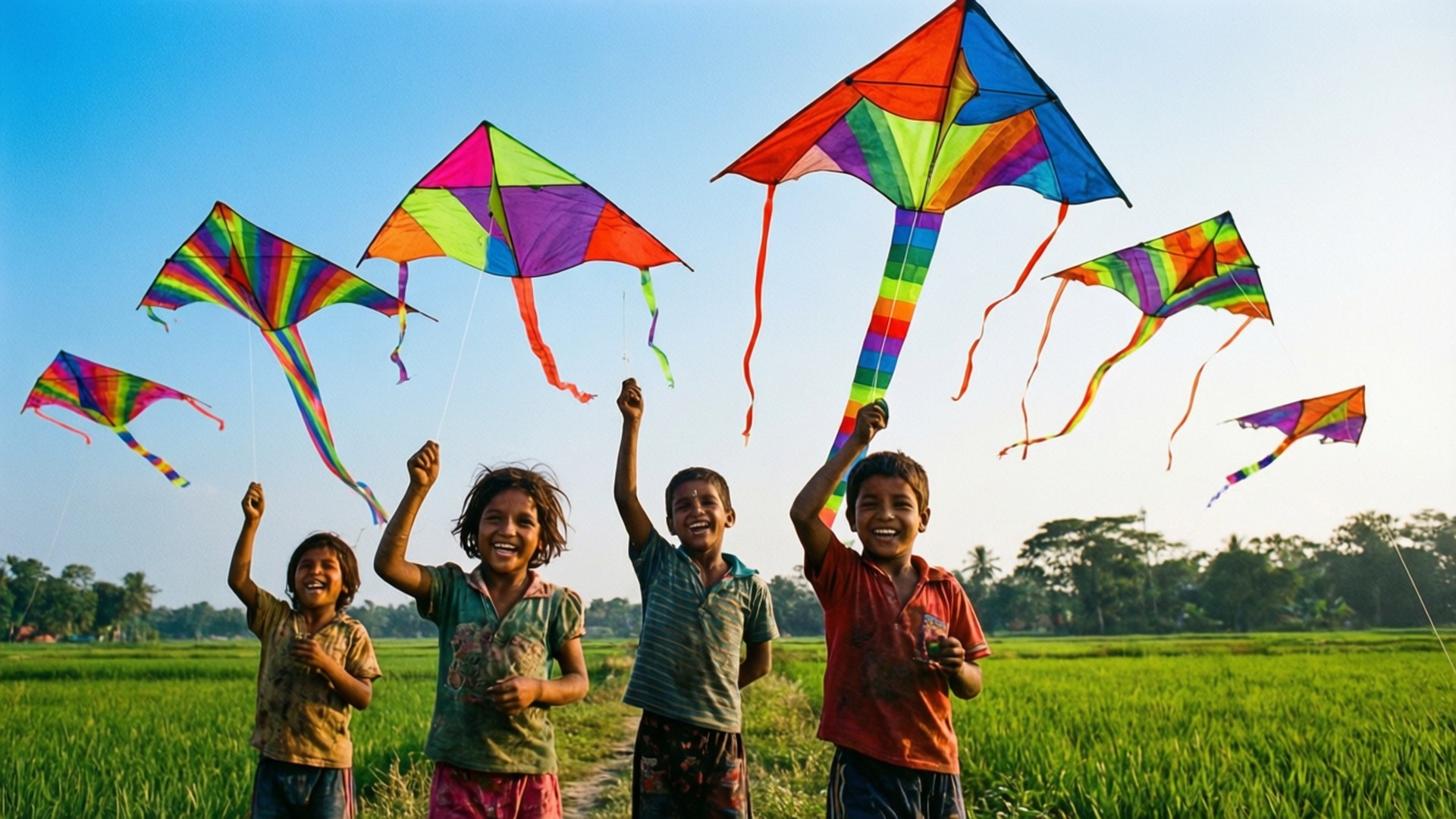 Kite Flying Kids 壁紙 — 四個快樂的孩子在翠綠的田野中，在清澈的藍天下放飛色彩繽紛的風箏。