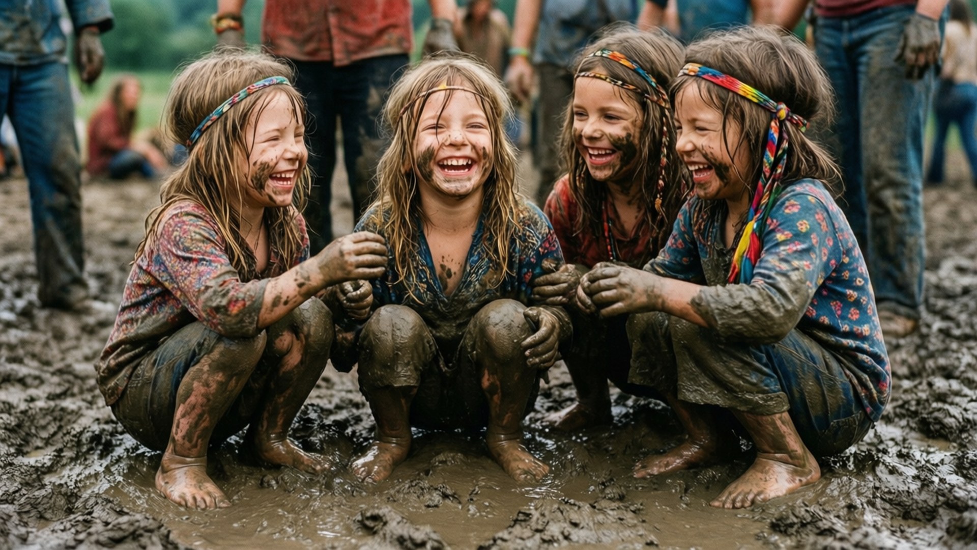 Woodstock Children Mud 壁紙 — 四個滿身泥濘的孩子戴著彩色頭帶，穿著圖案衣服，在潮濕的田野裡蹲在一起大笑。