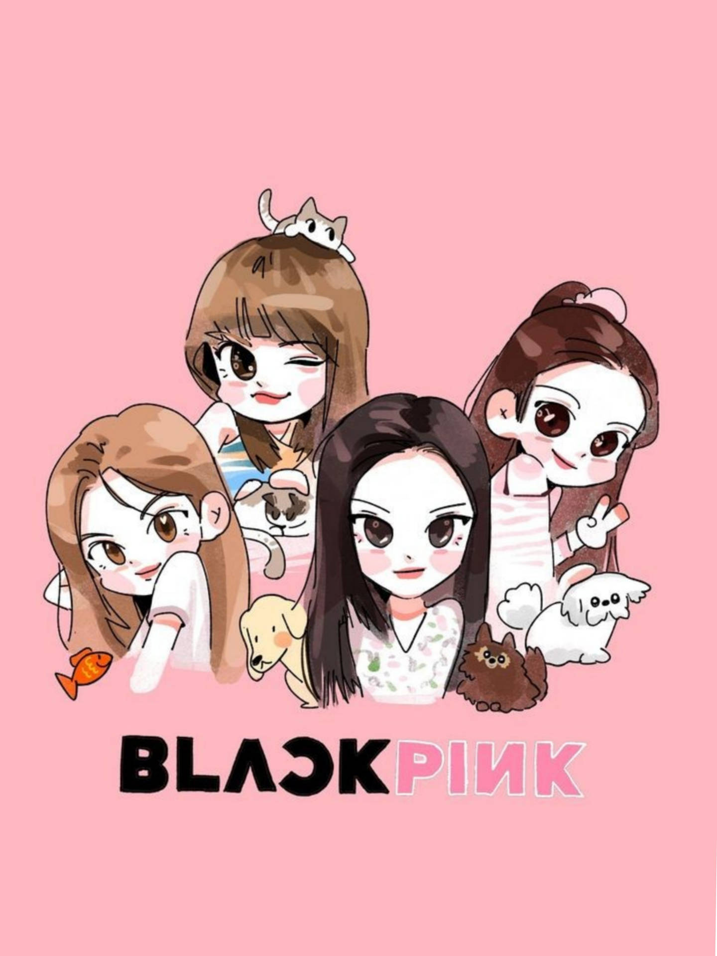 Q版Blackpink成員與寵物在粉紅色背景上 — Blackpink 壁紙