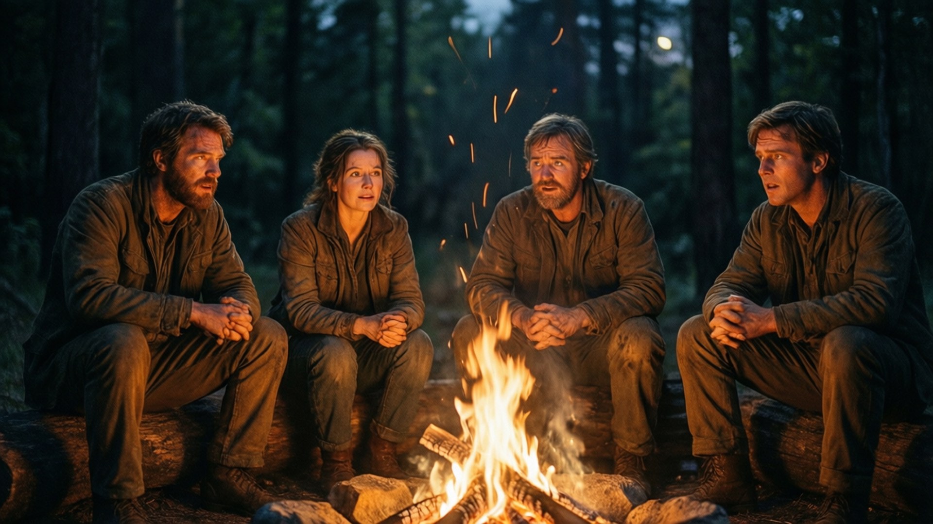 Survivors' Campfire 壁紙 — 四個強壯的人坐在黃昏時分茂密森林中劈啪作響的營火旁，火花向上飛舞。