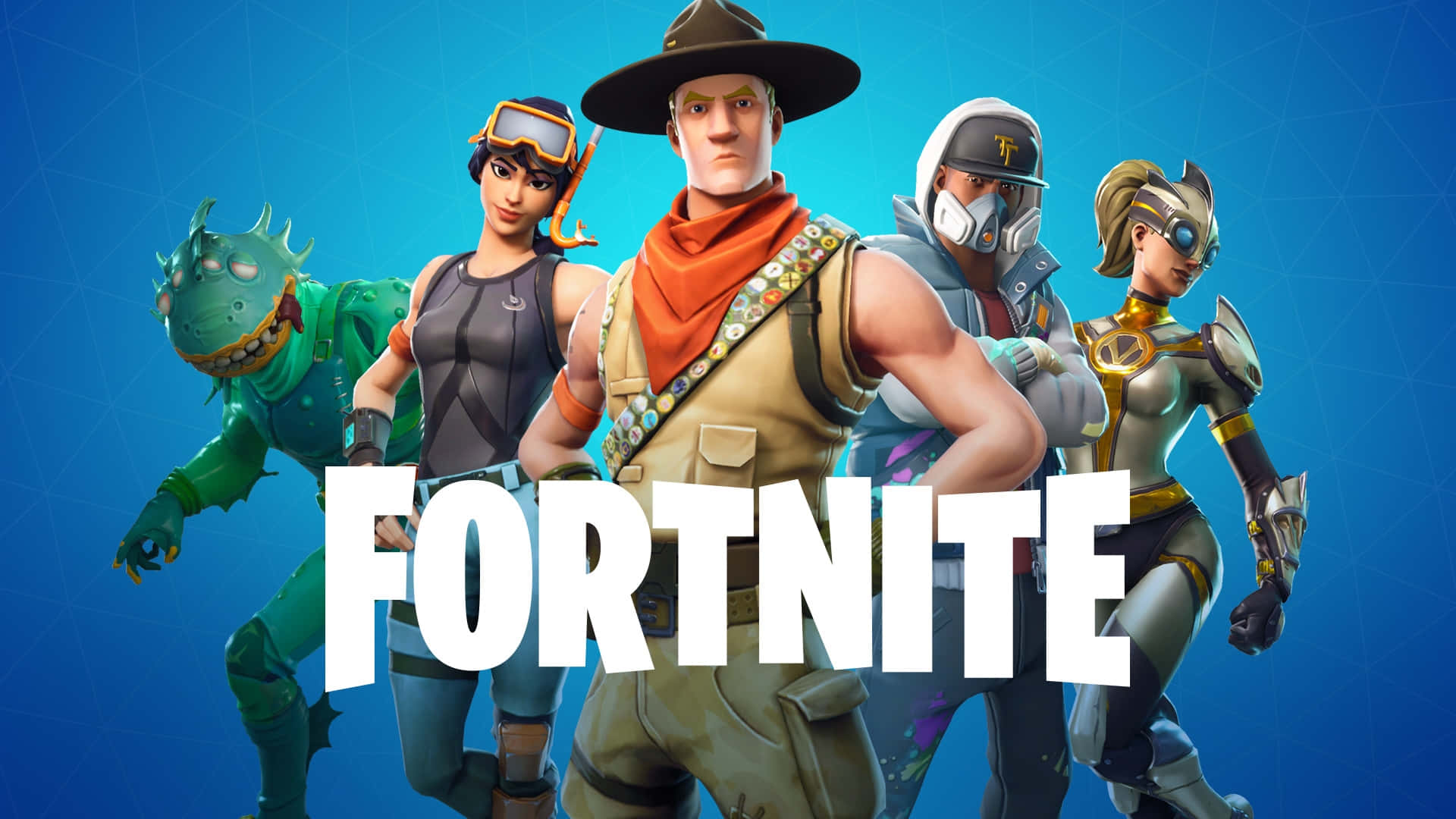  壁紙 — 四個色彩繽紛服裝的Fortnite角色自信地站在藍色漸變背景前，遊戲標題顯眼地展示。