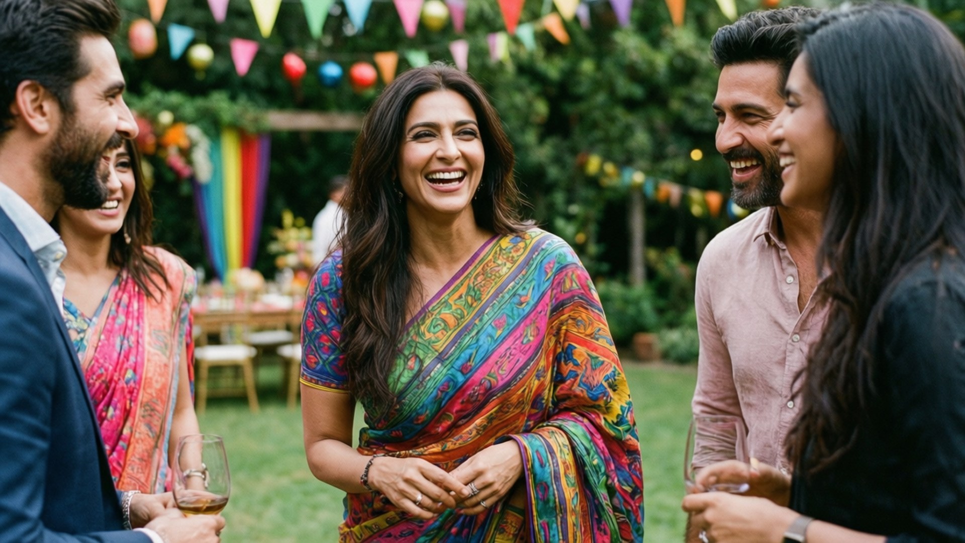 Kajol at Garden Party 壁紙 — 四個微笑的朋友在色彩繽紛的戶外花園派對中，在節日燈串下一起大笑。