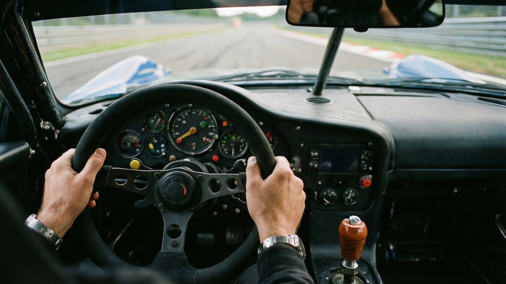 Cockpit Focus 壁紙 — 司機在黑色跑車駕駛艙內握著賽車方向盤，配有類比儀表和手動變速桿。
